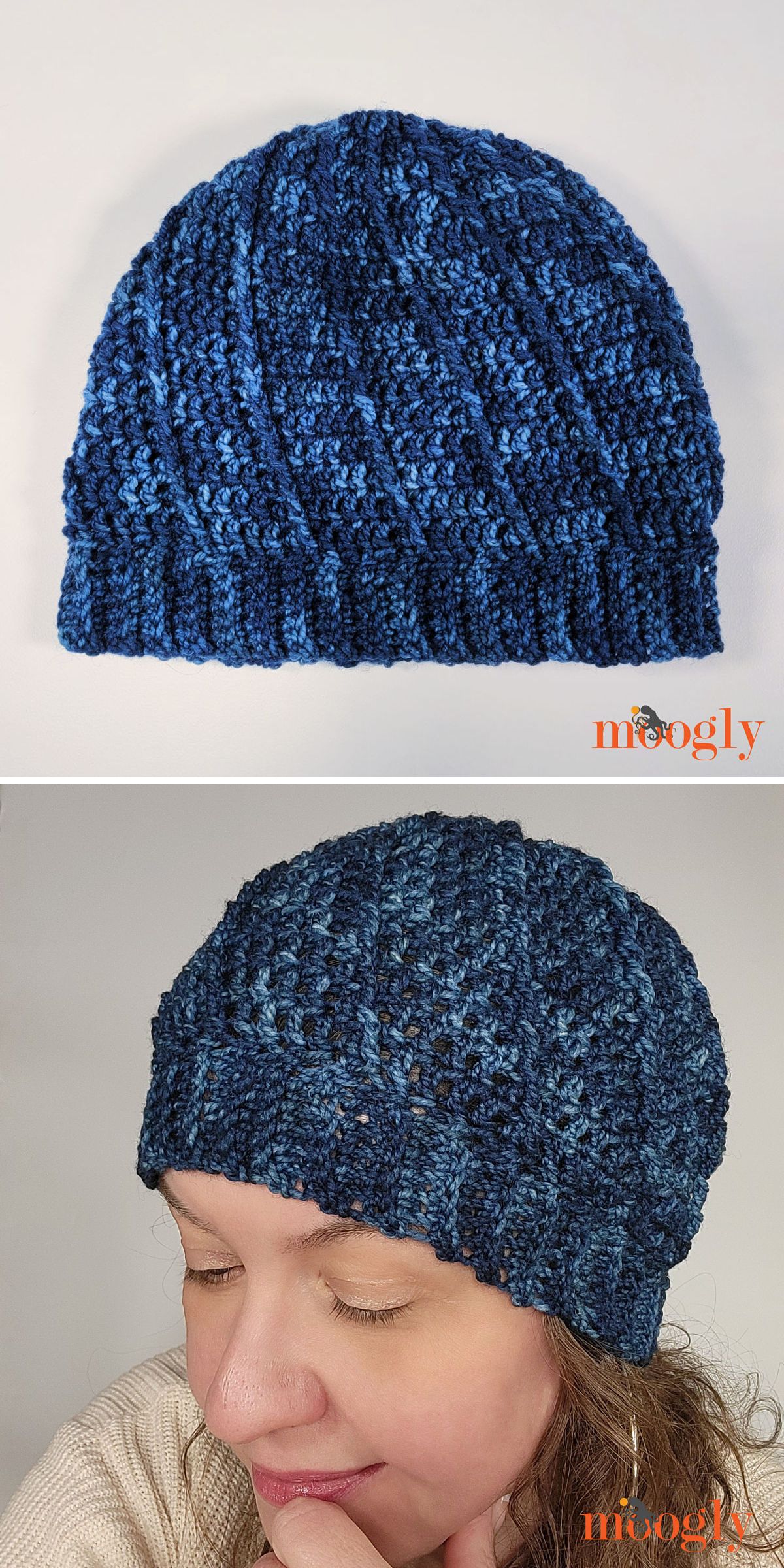 A textured dark blue crochet beanie is shown flat in the top image, and worn by a person in the bottom image. Both images feature the "moogly" logo in the corner.