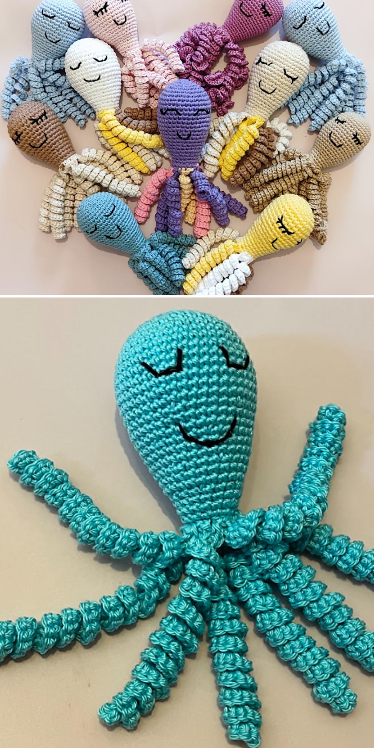A group of tiny octopus amigurumi toys arranged in a heart shape, with a close-up of a single turquoise crocheted octopus featuring a cheerful, smiling face.