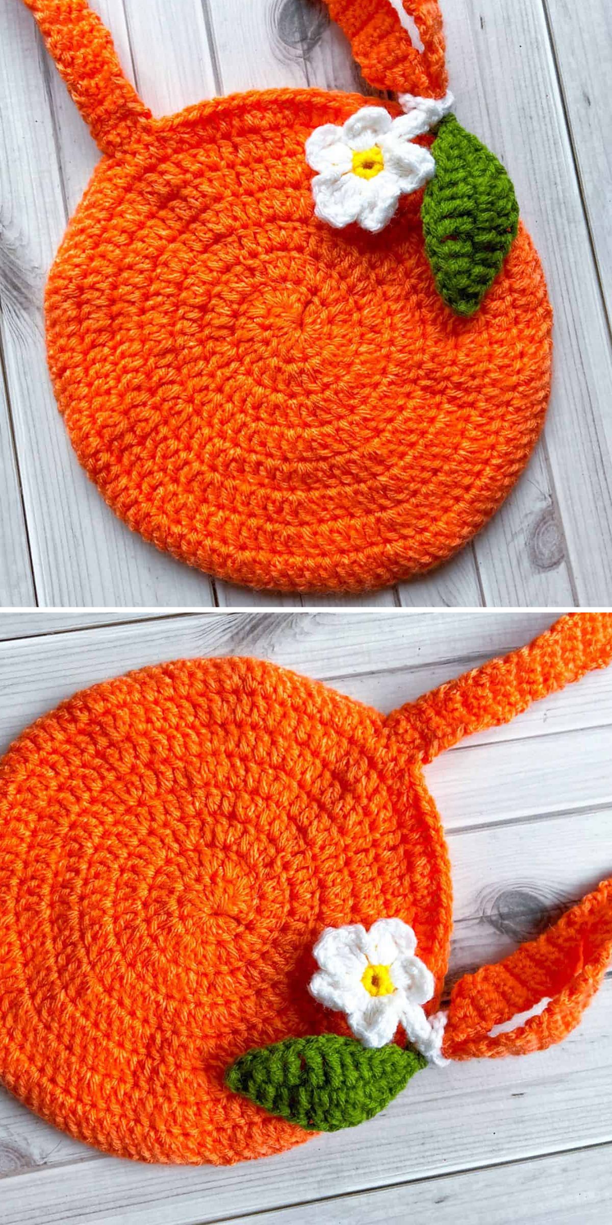 Round, orange crochet bag for kids with a single white flower and green leaf attached, shown from two angles on a light wooden surface.