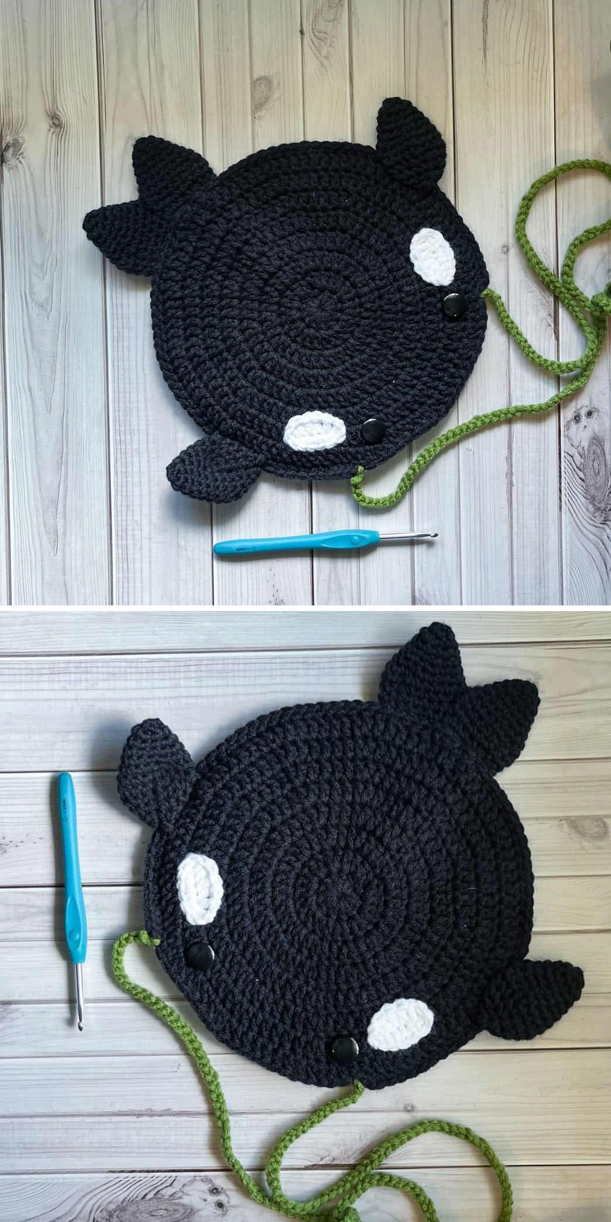 Two images show a black crocheted round kid's bag, resembling an orca, next to green yarn and a blue crochet hook — an adorable project idea if you're making a crochet bag for kids.