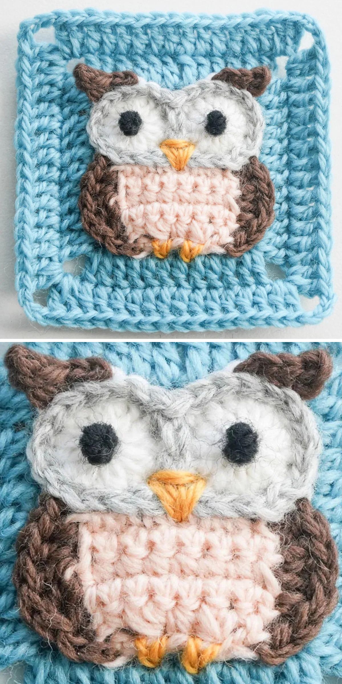 Two close-up images of a crochet owl square, featuring an owl design with a blue background, brown wings, white and pink body, and orange beak and feet.