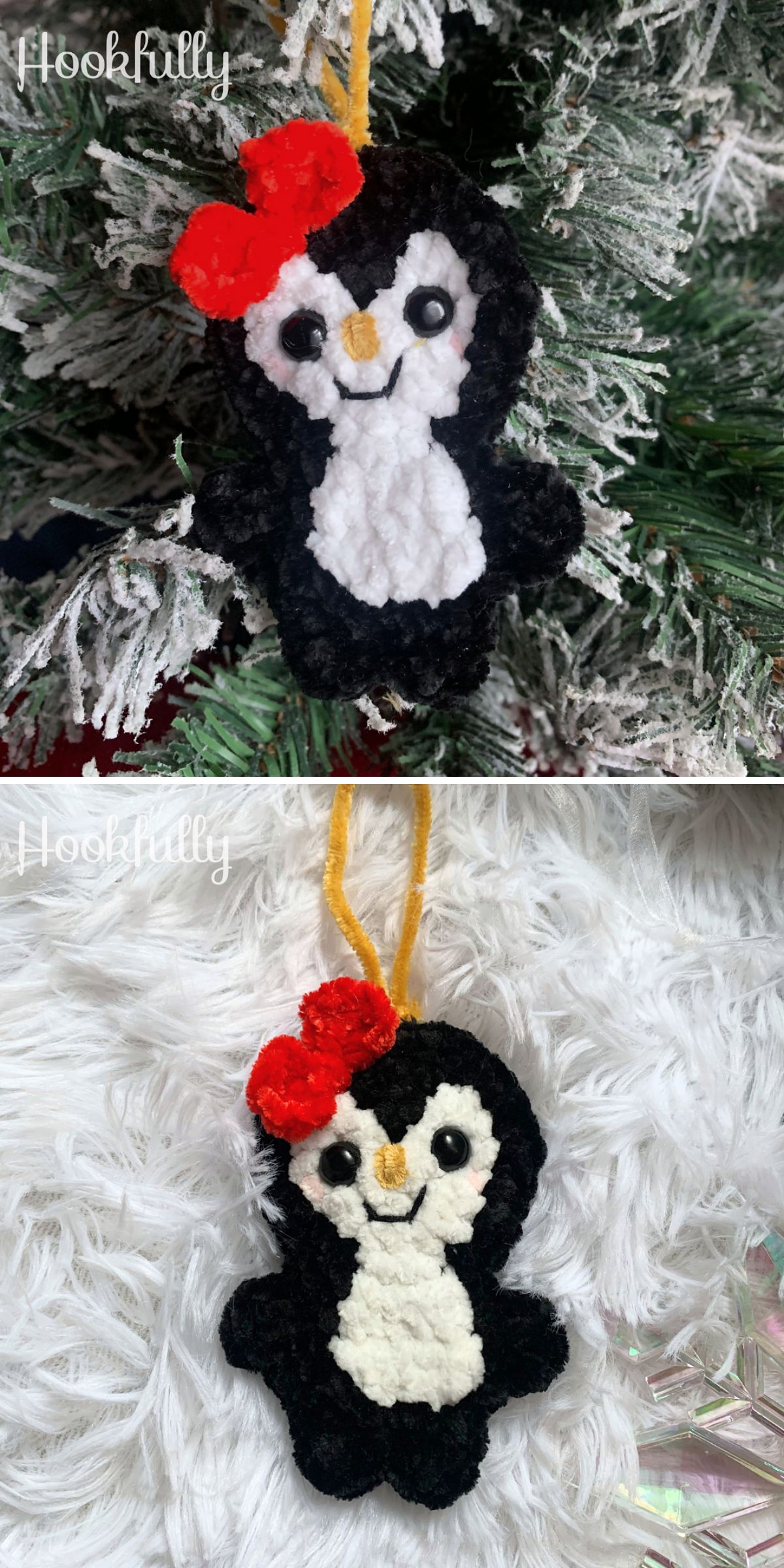A crocheted penguin ornament with a red bow and yellow hanging loop is shown against a Christmas tree and white background, adding a festive touch like a snowflake on a winter’s day.