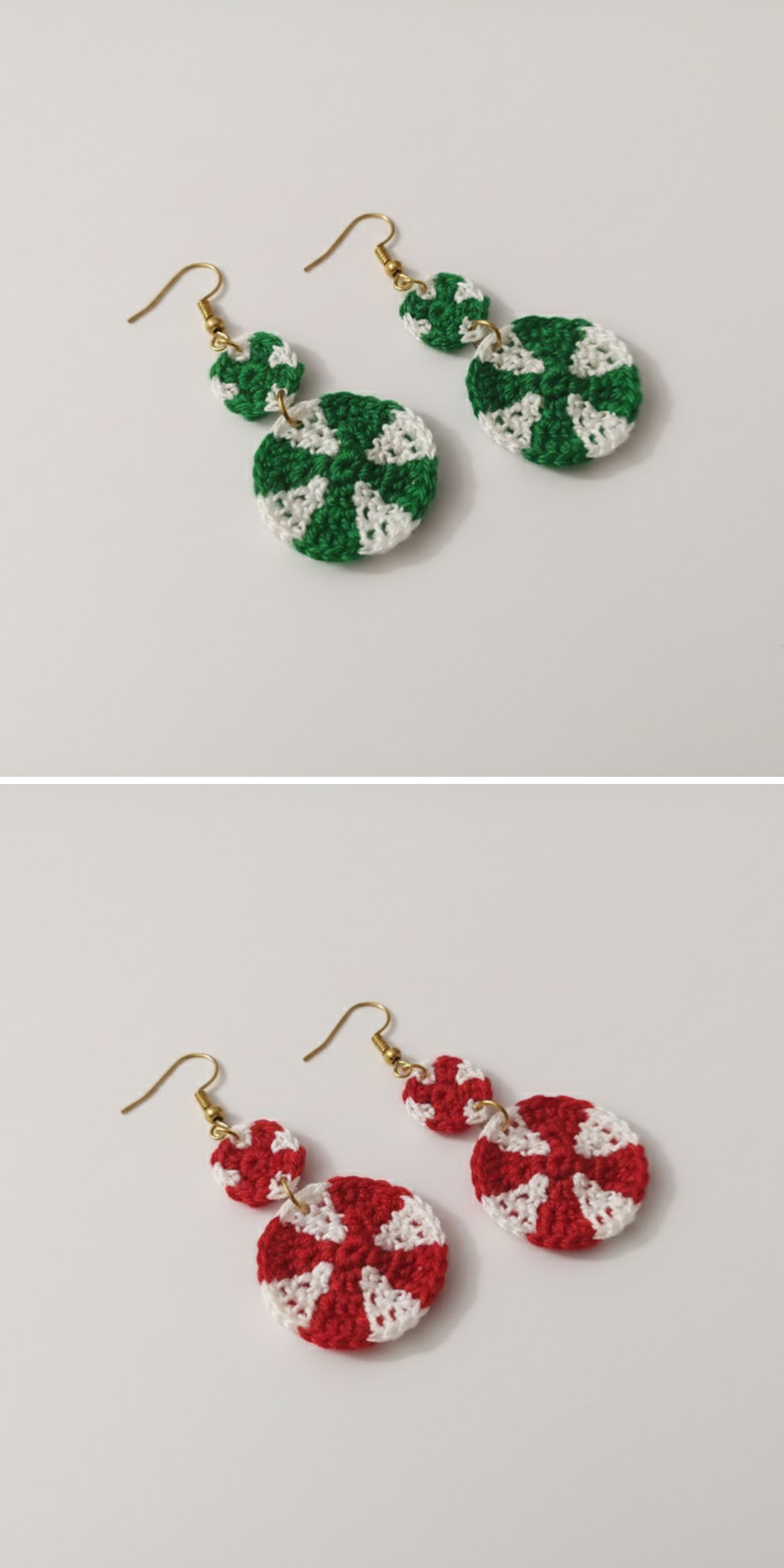 Two pairs of crochet earrings featuring peppermint swirls: one in green and white, one in red and white, each with gold hooks, displayed on a white background.