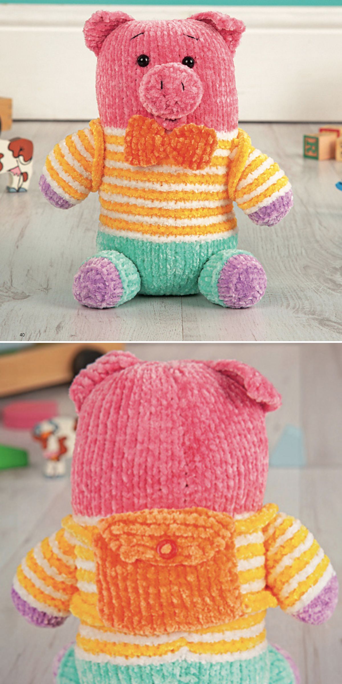 Plush knitted toy pig wearing a striped sweater with a bow tie, shown from the front and back, standing on a wooden floor with toys in the background.