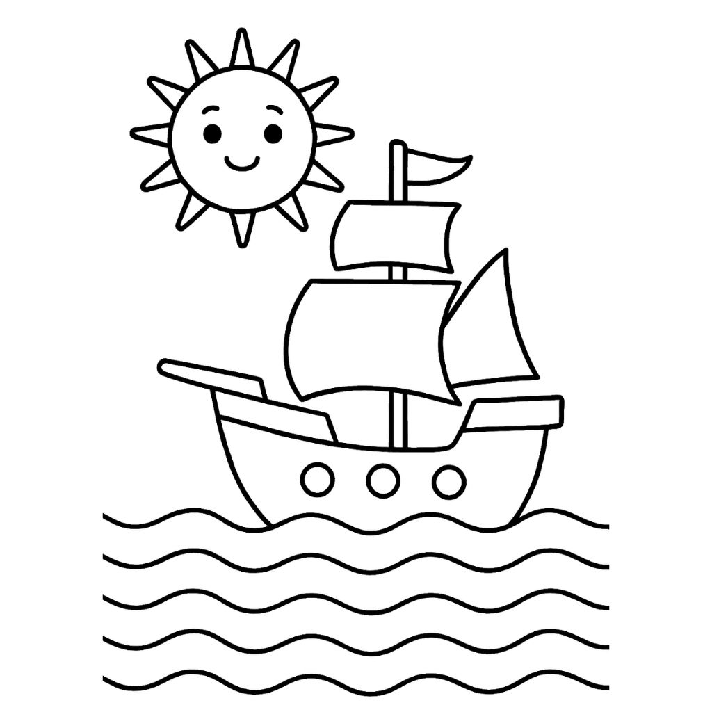 Black and white drawing of a sailboat on wavy water with a smiling sun in the sky, perfect for kids coloring pages or as a fun addition to your free printable coloring pages collection.