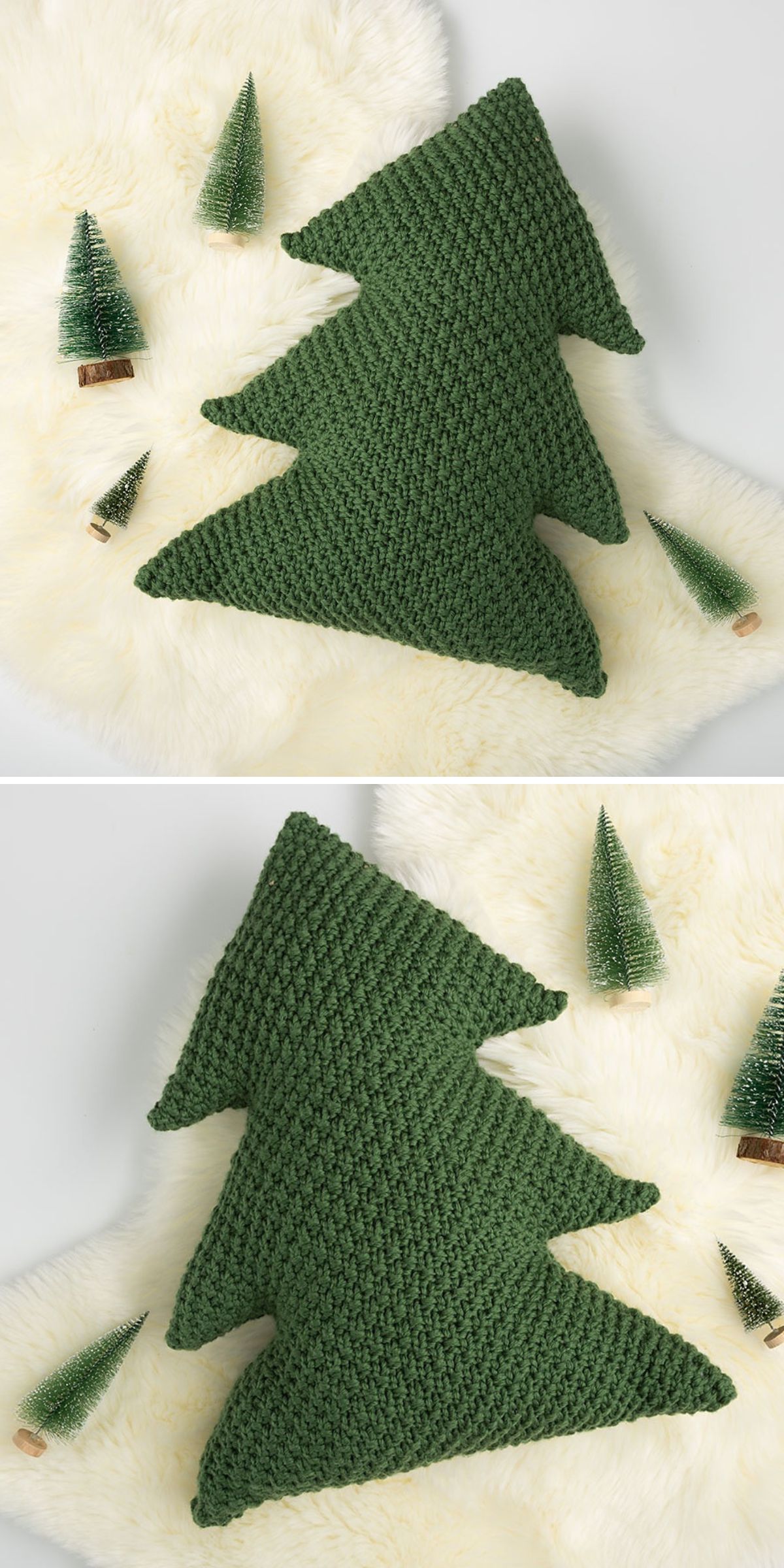 Green crochet pillow shaped like a Christmas tree on a white furry surface, surrounded by small artificial pine trees — perfect for adding cozy charm to your collection of knitted Christmas decorations.