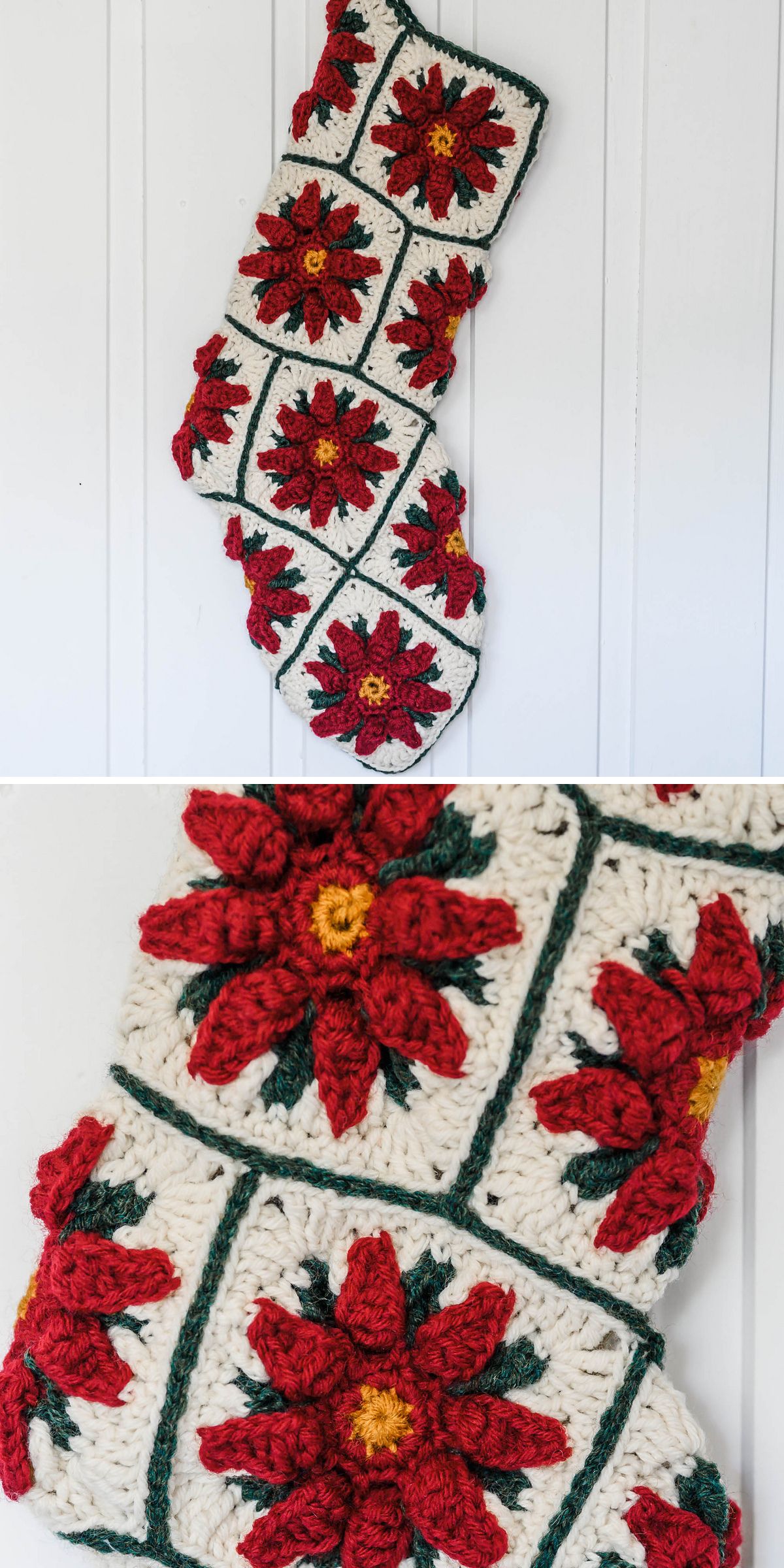A Crochet Christmas Stockings design featuring white, square panels adorned with red poinsettia flowers, this festive crocheted stocking is displayed against a white background.
