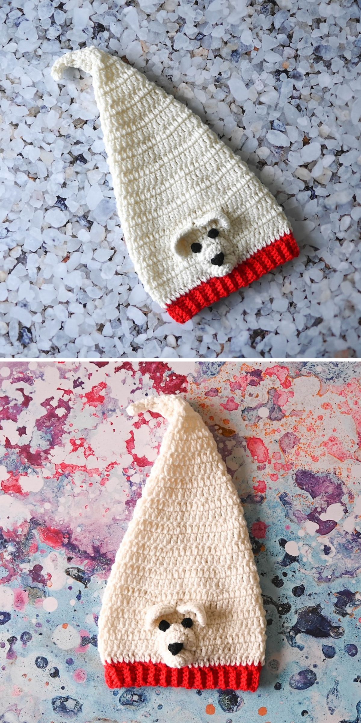 A Crochet Christmas Hat in white with a pointed tip, red brim, and cute bear face decoration, displayed on two different textured backgrounds.