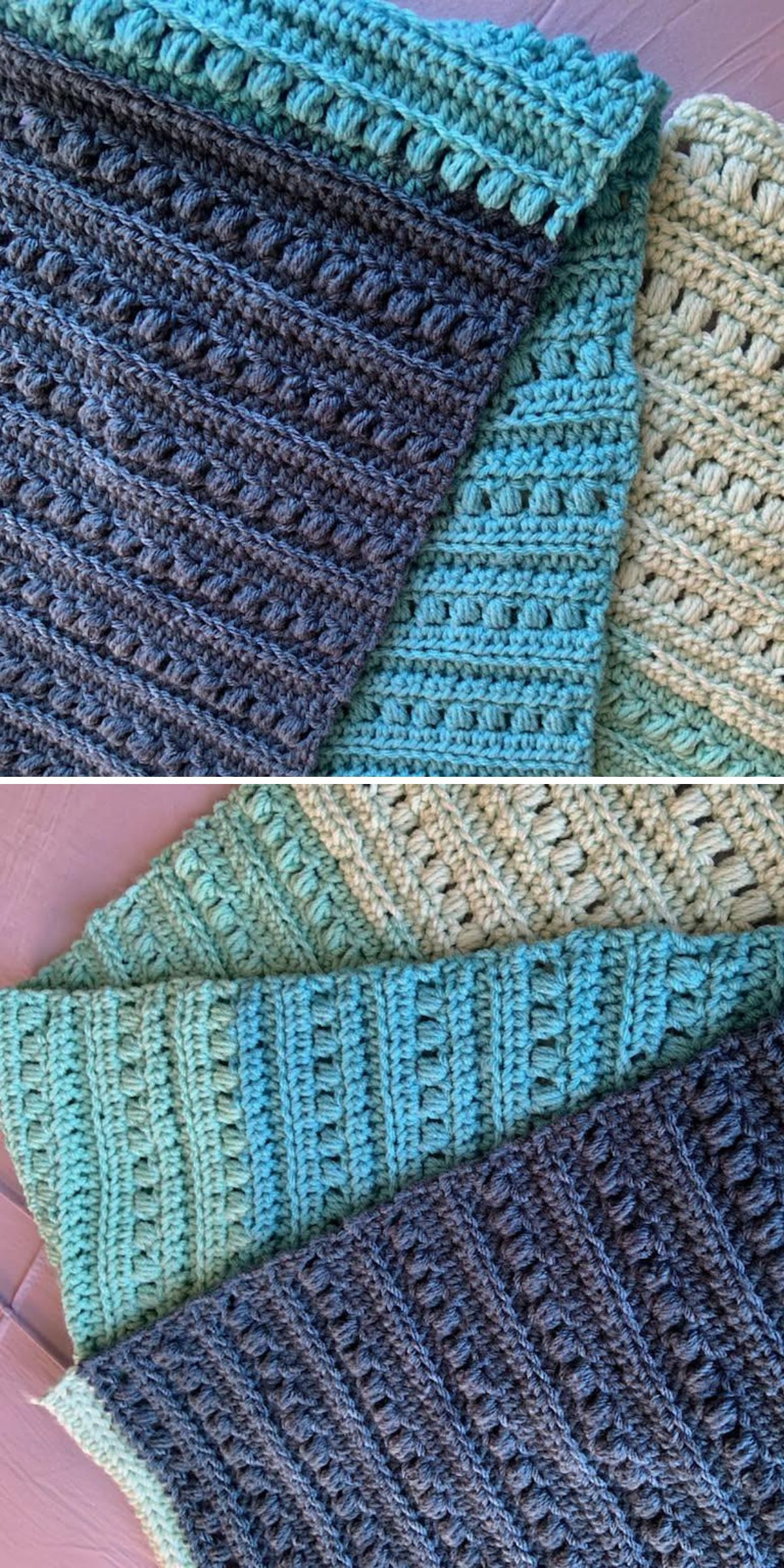 Three crocheted blankets in shades of blue, green, and beige — each featuring textured rows and bobble stitch blanket patterns — are layered atop each other on a pink surface.