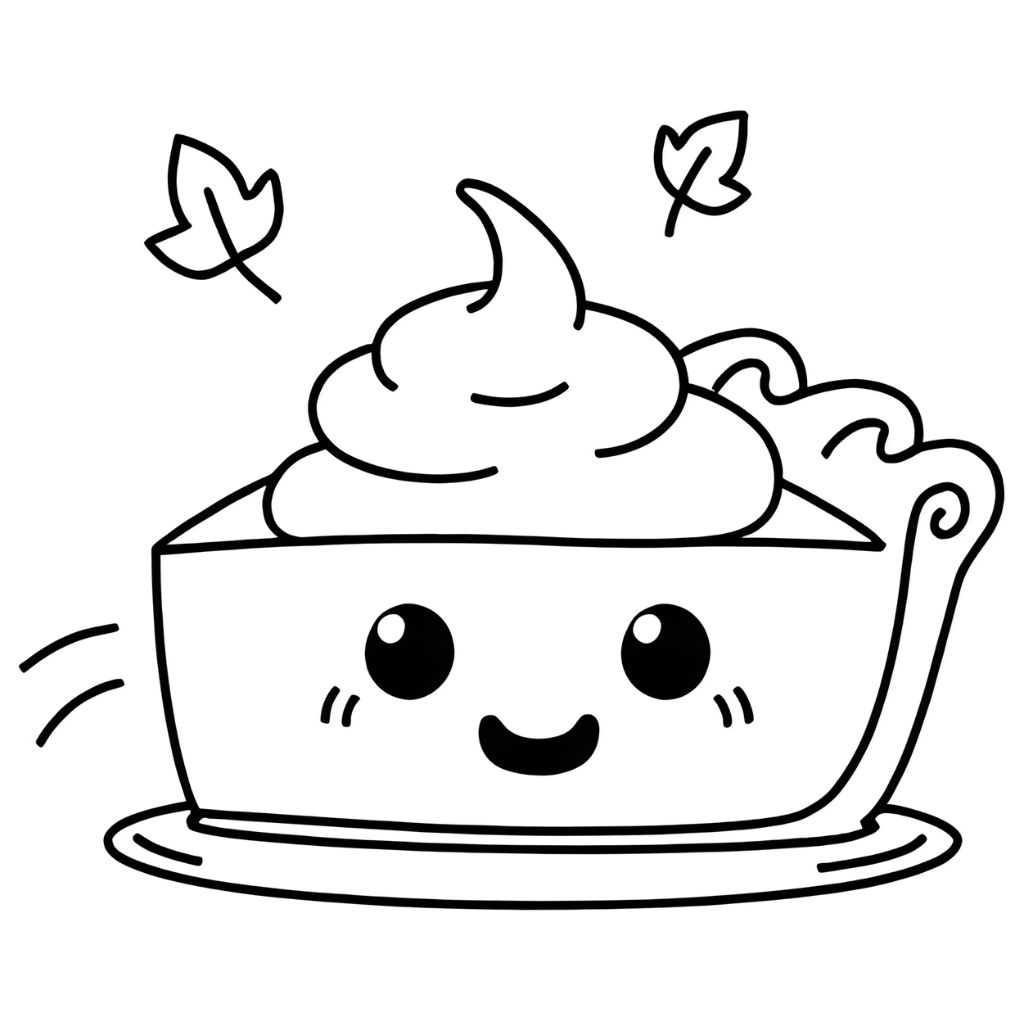 A slice of pie with whipped cream, drawn in a cute cartoon style with a smiling face and two falling leaves—perfect for kids to enjoy on Thanksgiving coloring pages or as a free printable.