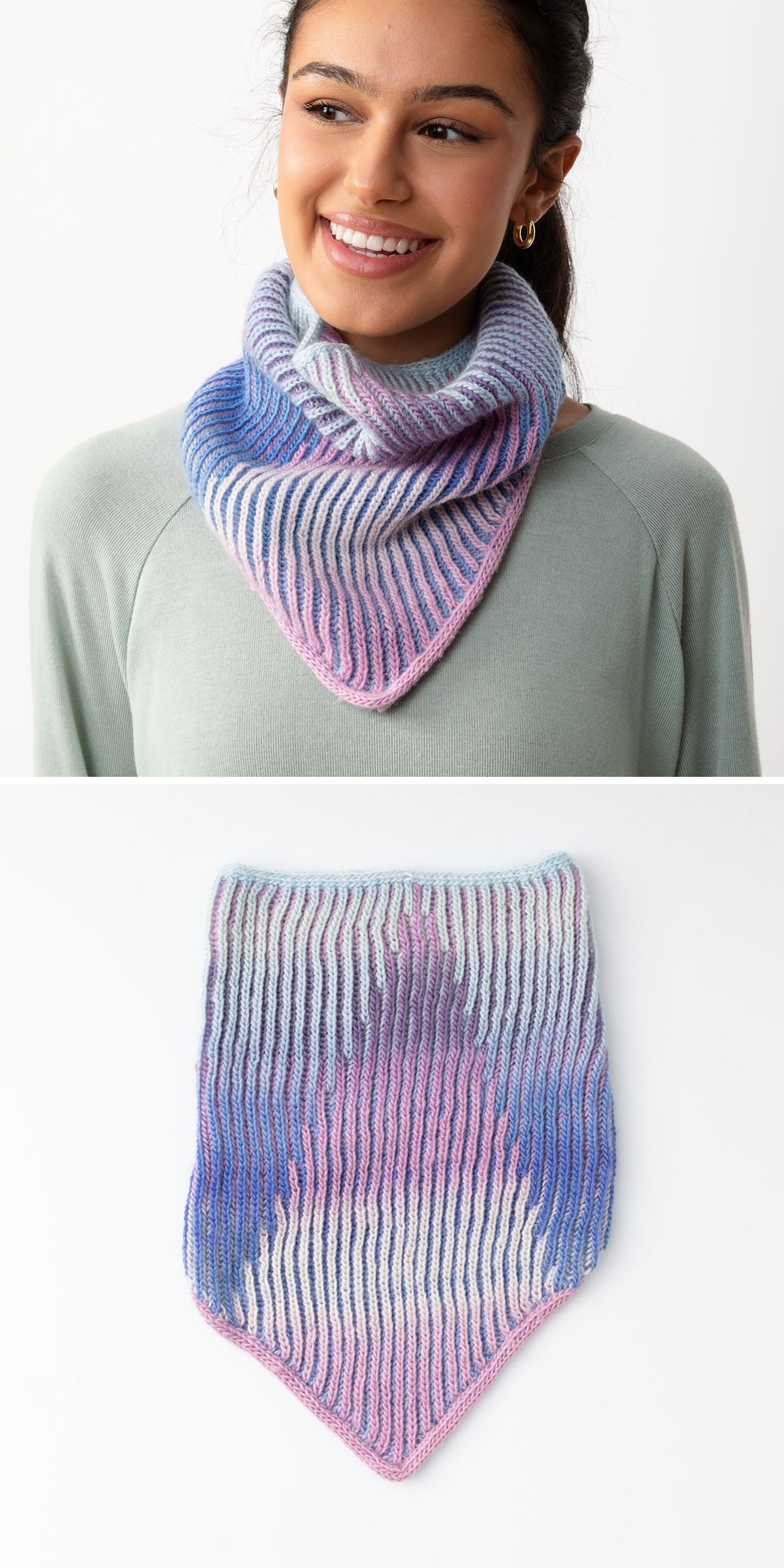 A woman wears a knitted, triangular scarf with a pink, blue, and white gradient pattern styled as a chic knitted cowl; the scarf is also shown laid flat in a second image.