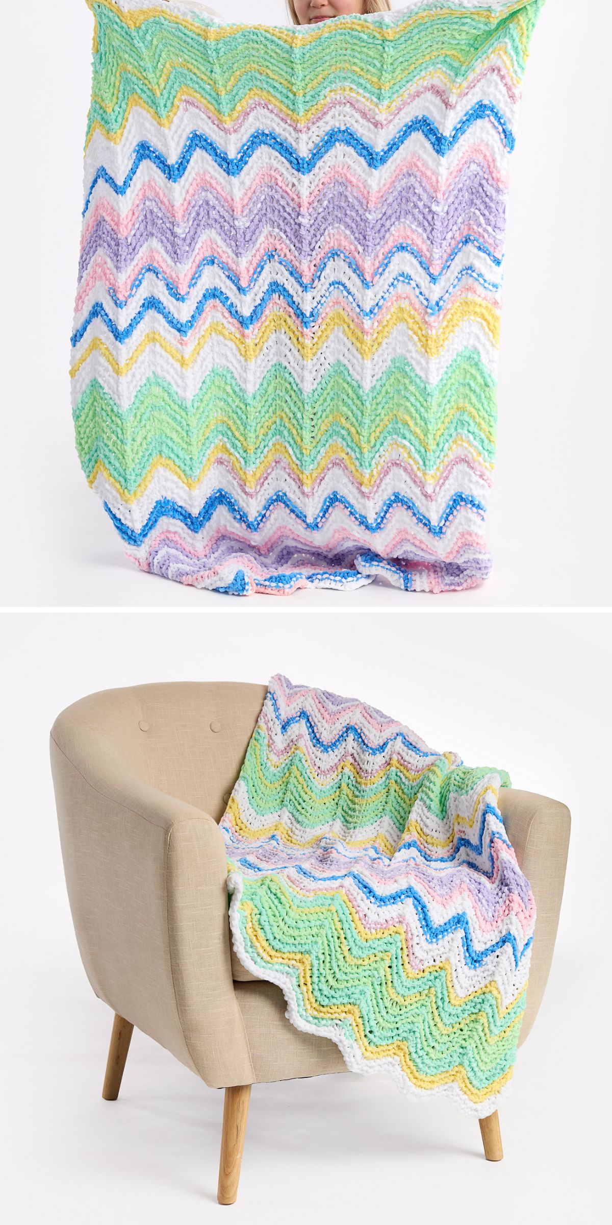 A pastel zigzag-patterned knit blanket, featuring a charming blanket knitting pattern, is shown held up and draped over a beige armchair.