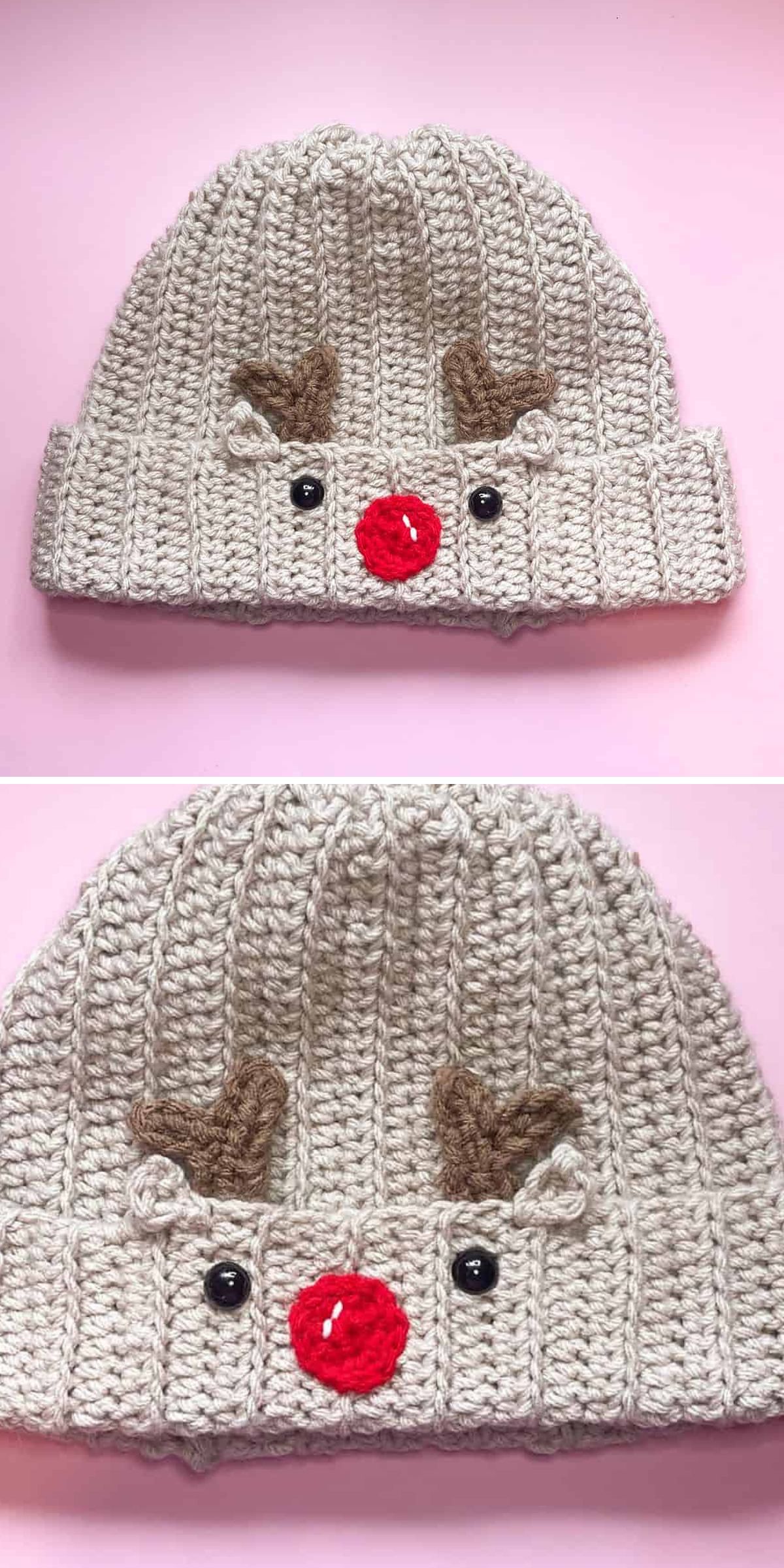 A beige crochet hat with brown antlers, black eyes, and a red nose, resembling a reindeer, displayed on a light pink background — a charming choice inspired by Crochet Christmas hat patterns.