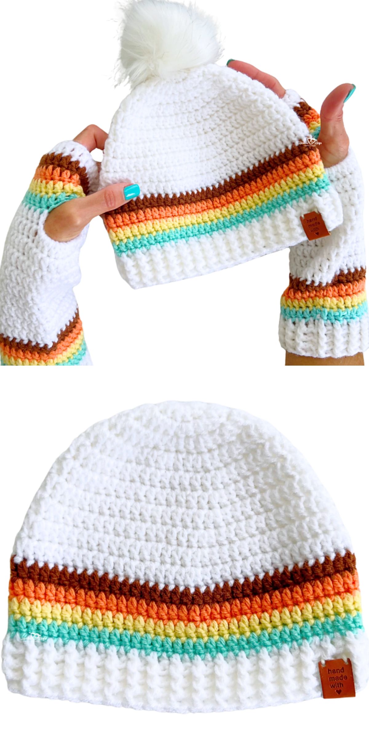 White crochet beanie with a pom-pom, featuring horizontal stripes in brown, orange, yellow, and teal, held by hands and shown flat.