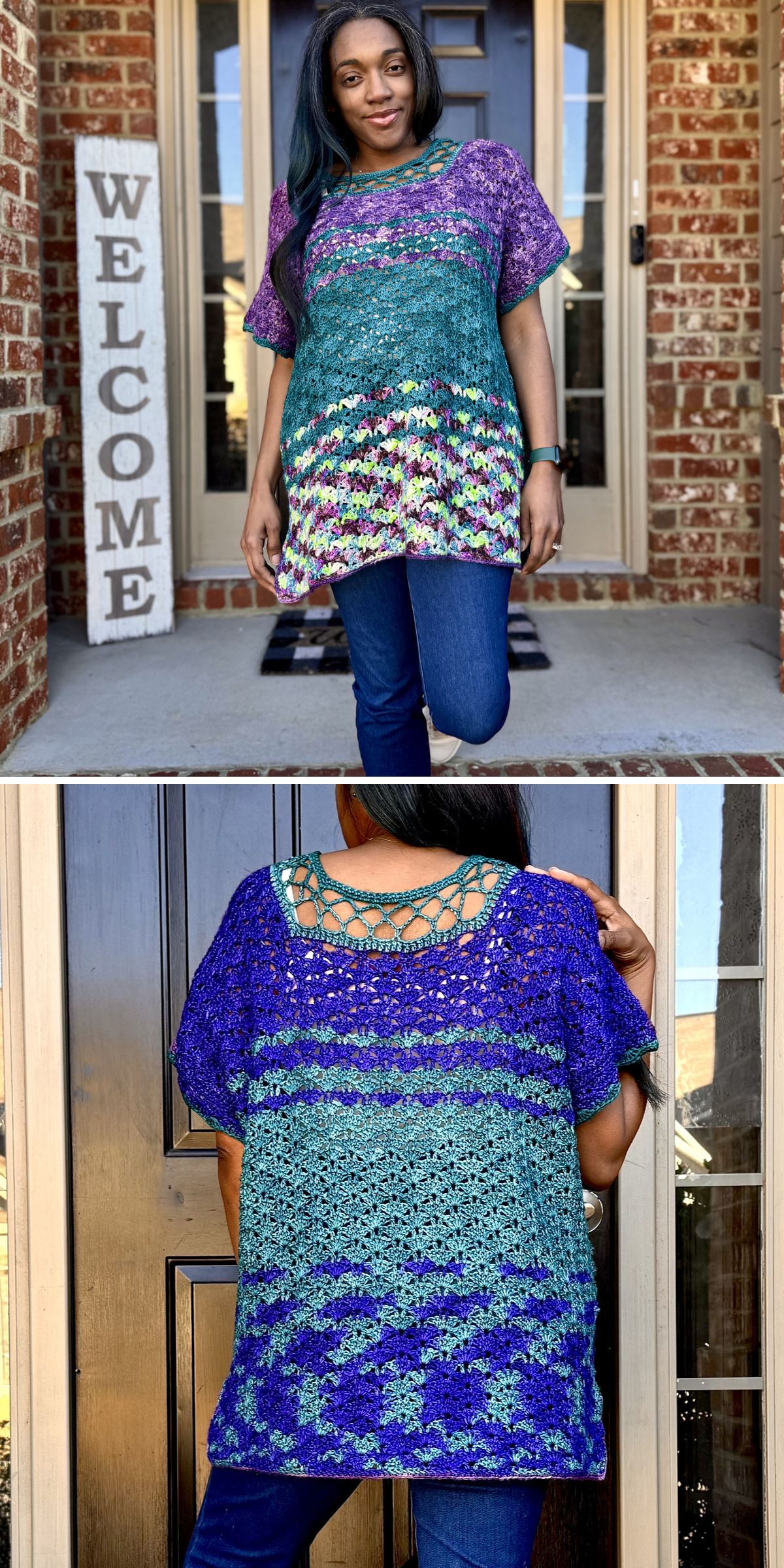 A woman stands on a porch wearing a vibrant crochet tunic, featuring purple, green, and blue patterns; front and back views are shown.