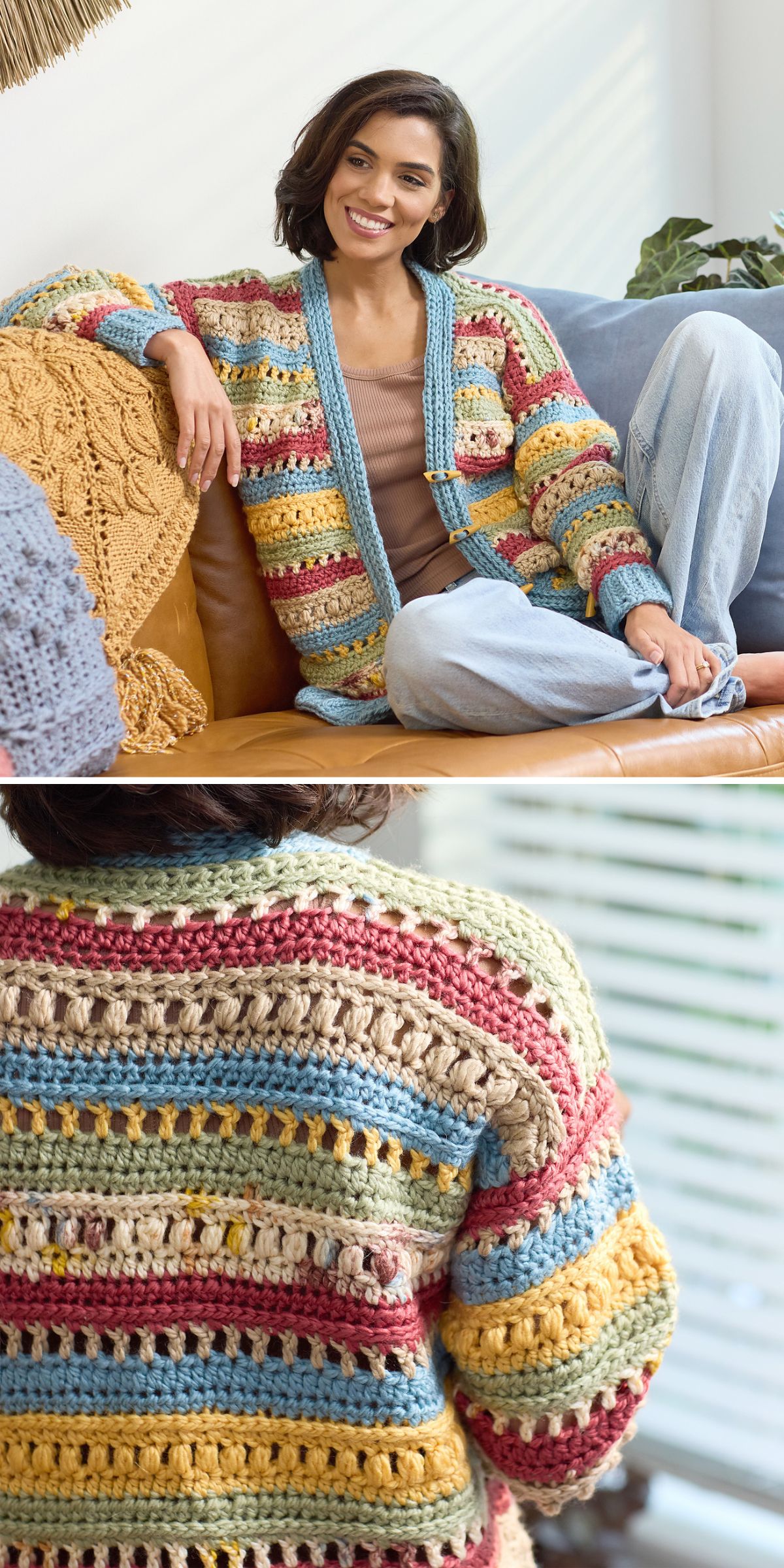 A woman sits on a sofa wearing a colorful crochet cardigan; the lower image reveals the back of the cardigan with red, yellow, blue, and beige stripes accented by openwork details.