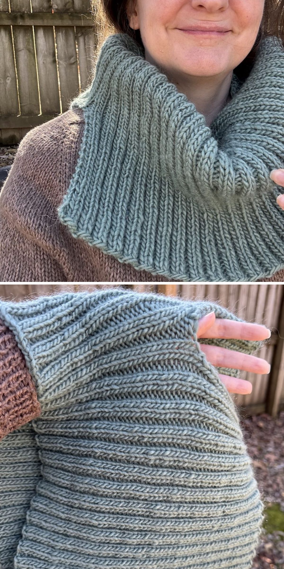 A person wears a chunky, ribbed, light grayish-green knitted cowl with matching fingerless gloves, standing outside near a wooden fence.