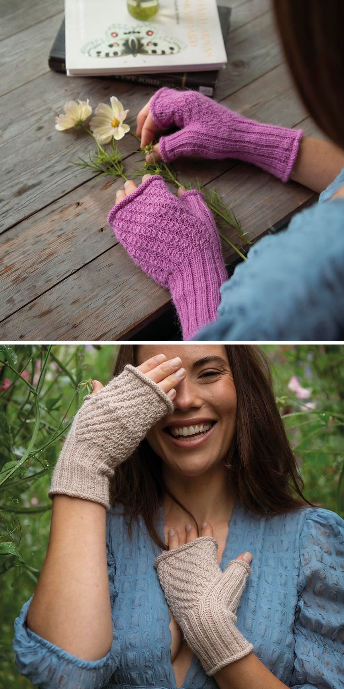 Two images showing a person wearing fingerless gloves made from free knitting patterns — purple gloves while arranging flowers on a table, and beige gloves while smiling outdoors in a blue top.