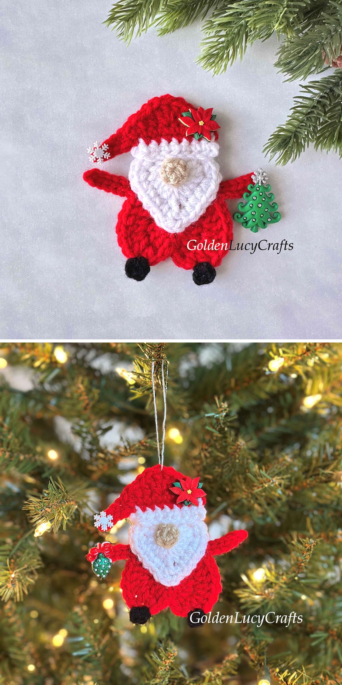 Two images show a crocheted Santa Claus ornament, crafted with crochet ornament patterns and decorated with a green present, hanging from a Christmas tree. This Christmas ornament is by GoldenLucyCrafts.