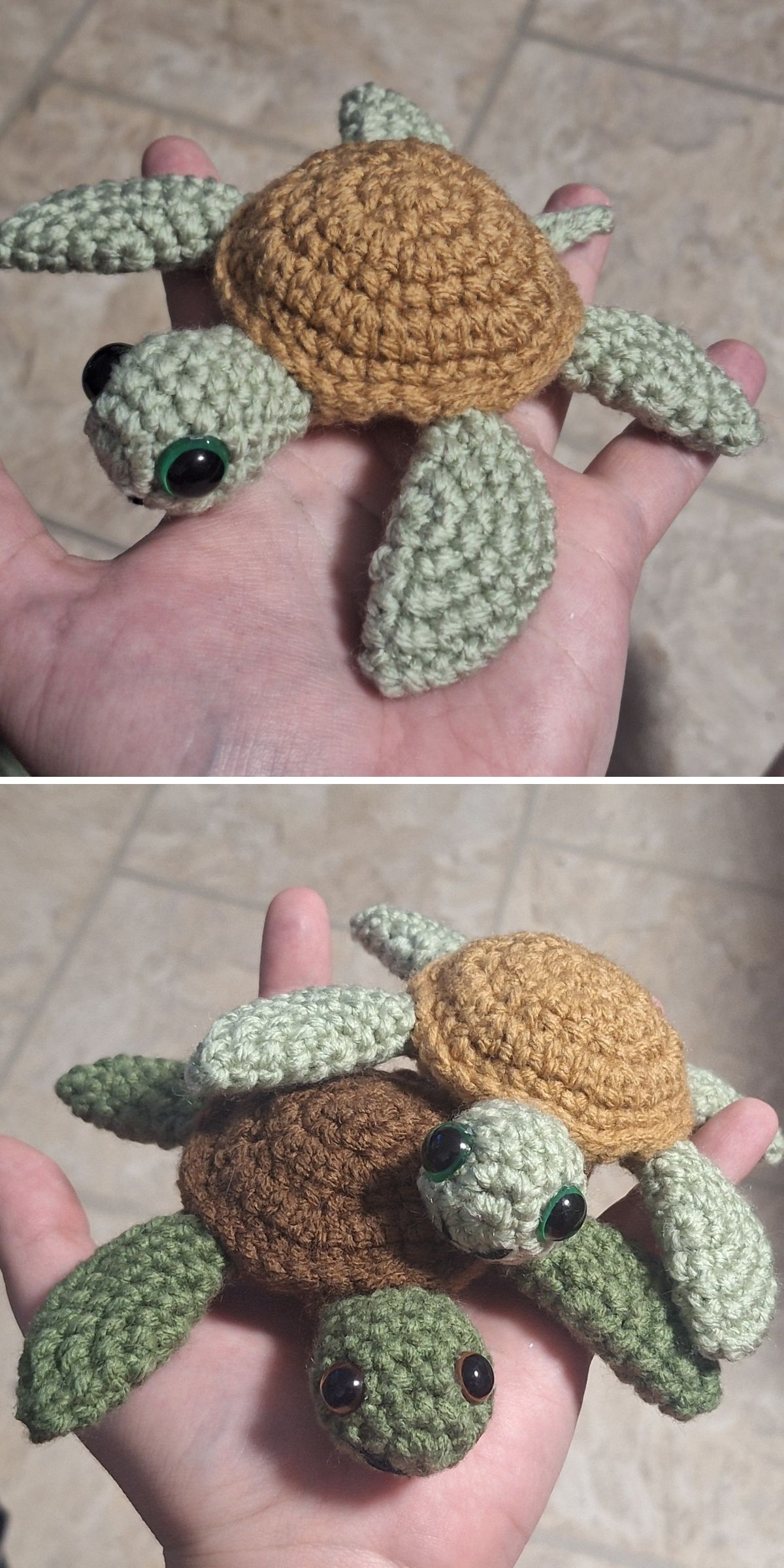 Two crocheted turtle plushies with green limbs and brown shells rest in a person's palm, set against a tiled background.