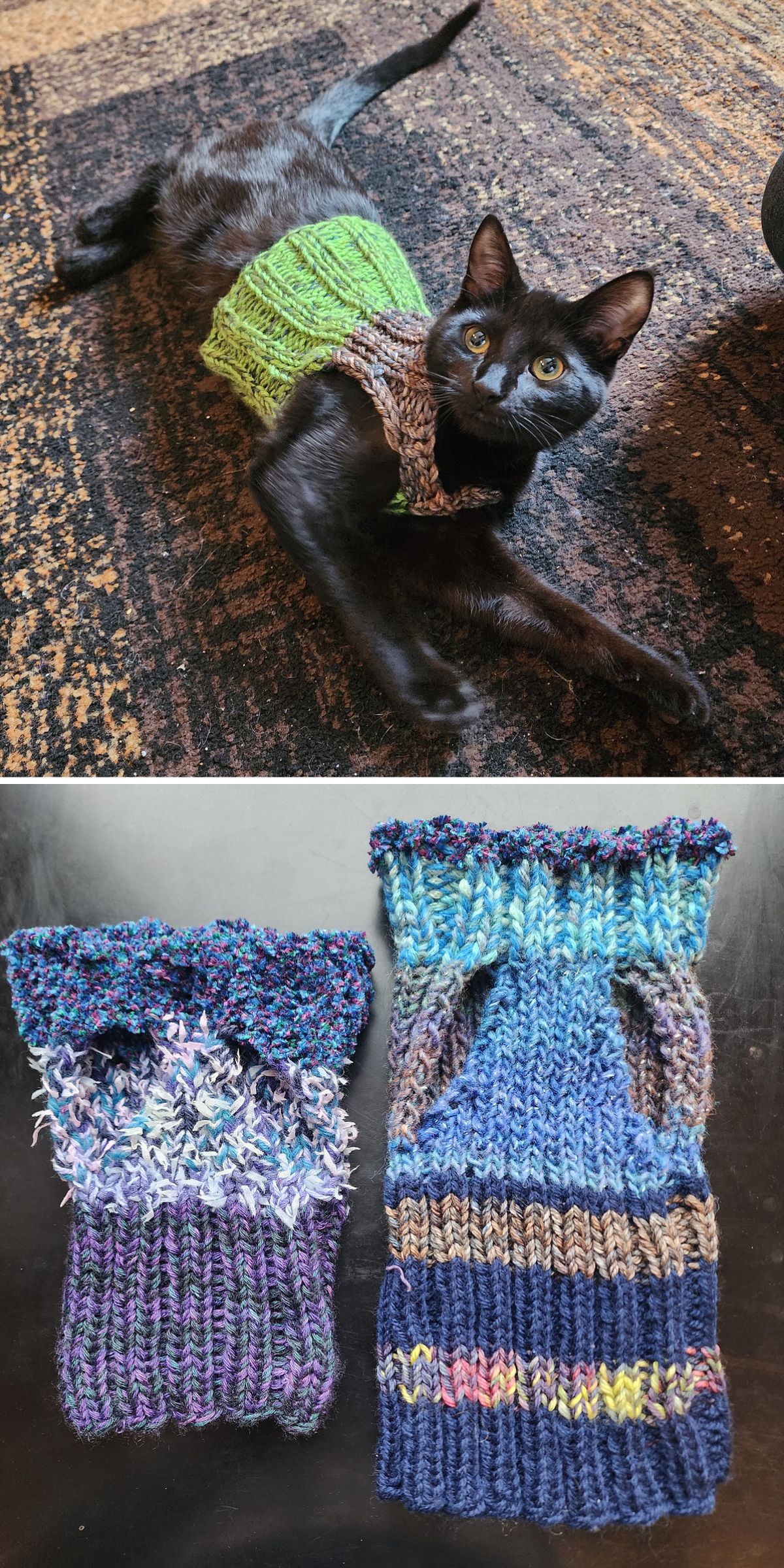 A black cat in a green and brown knitted sweater lies on a patterned rug; below, two blue and purple handmade knitted pet sweaters are displayed side by side.