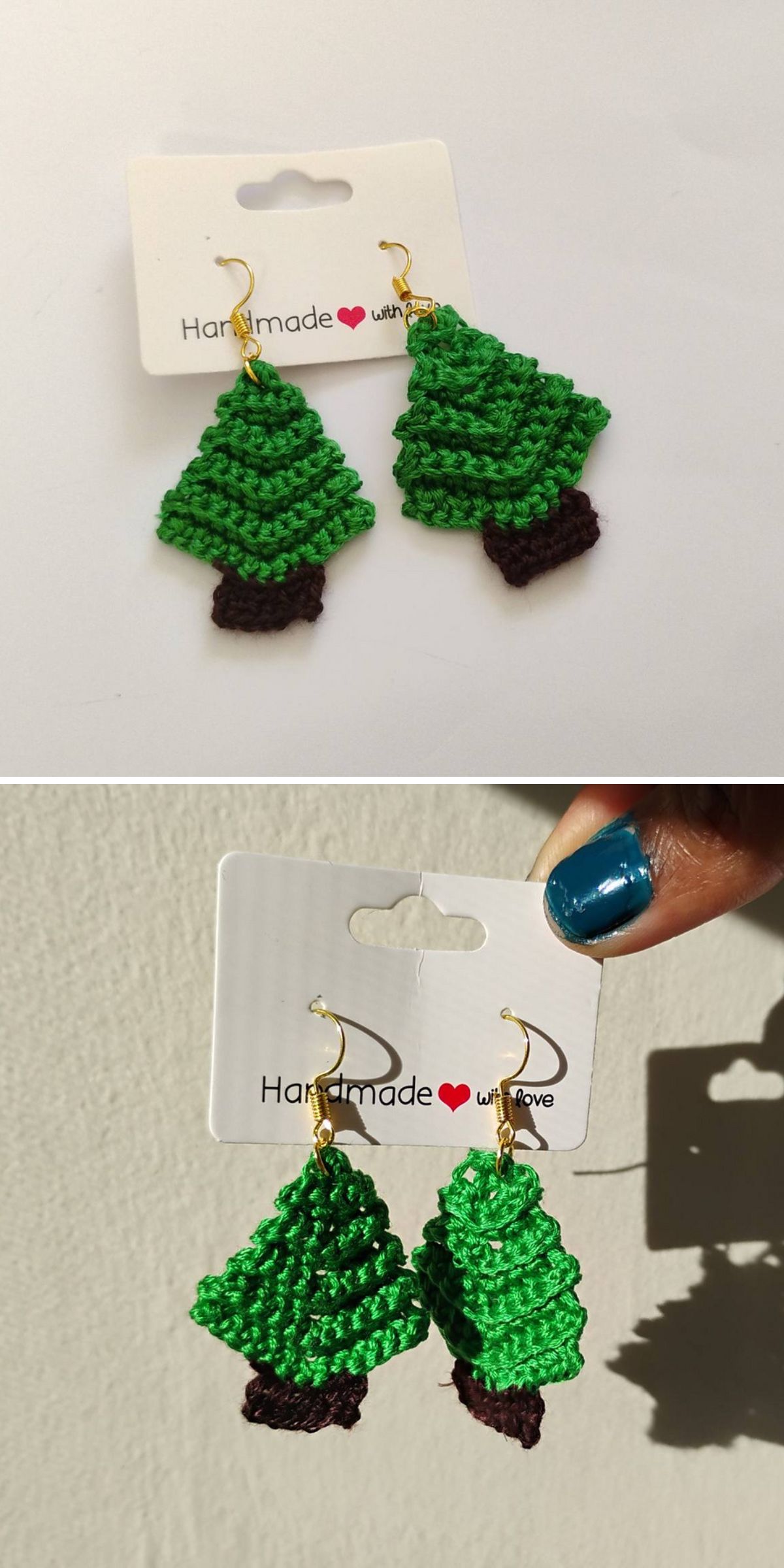 Two photos showcase crochet earrings shaped like green Christmas trees with brown trunks, displayed on a card labeled "Handmade with love.