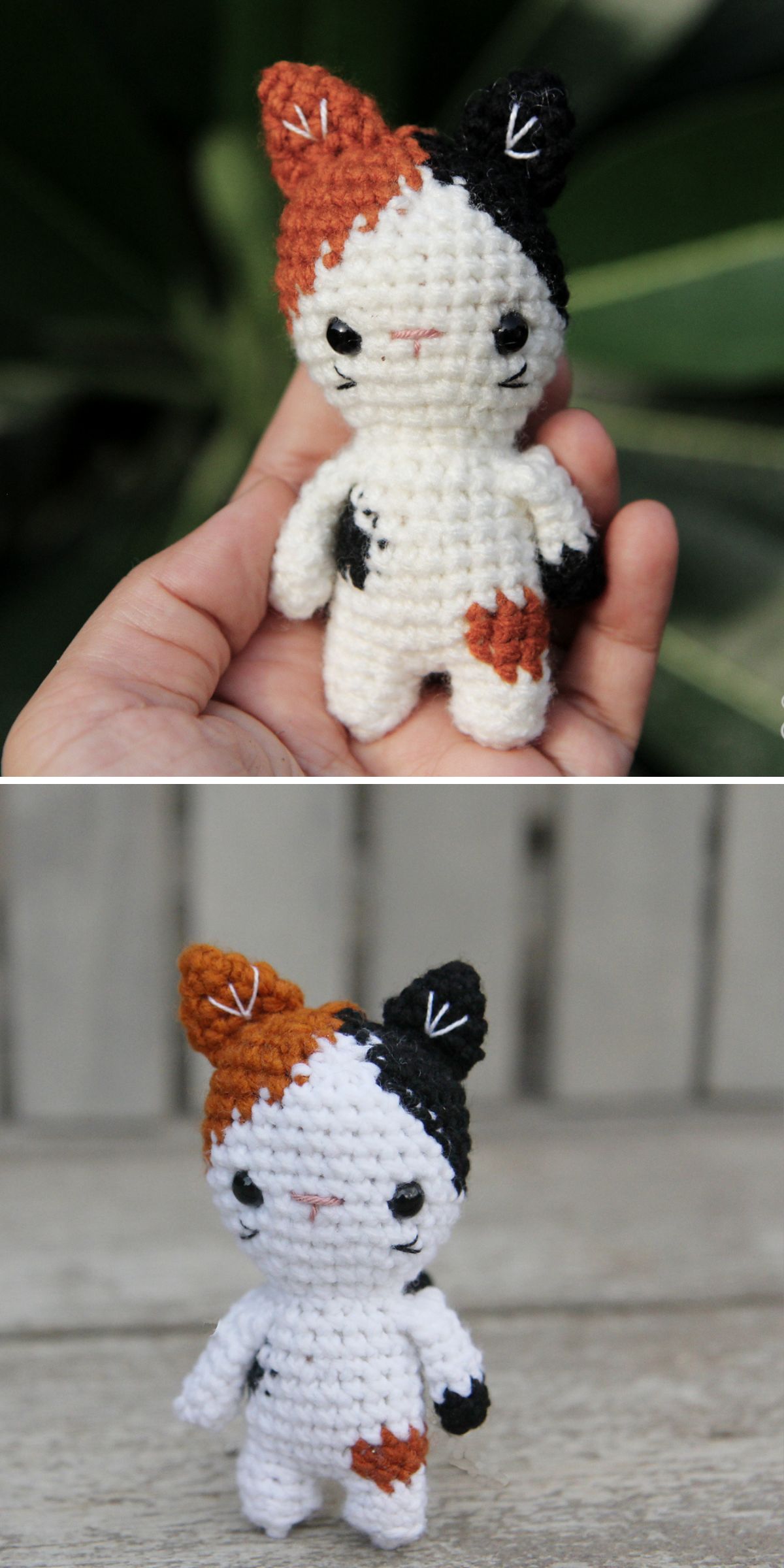 A small crochet cat amigurumi doll with orange, black, and white patches is shown being held in a hand and standing on a surface.