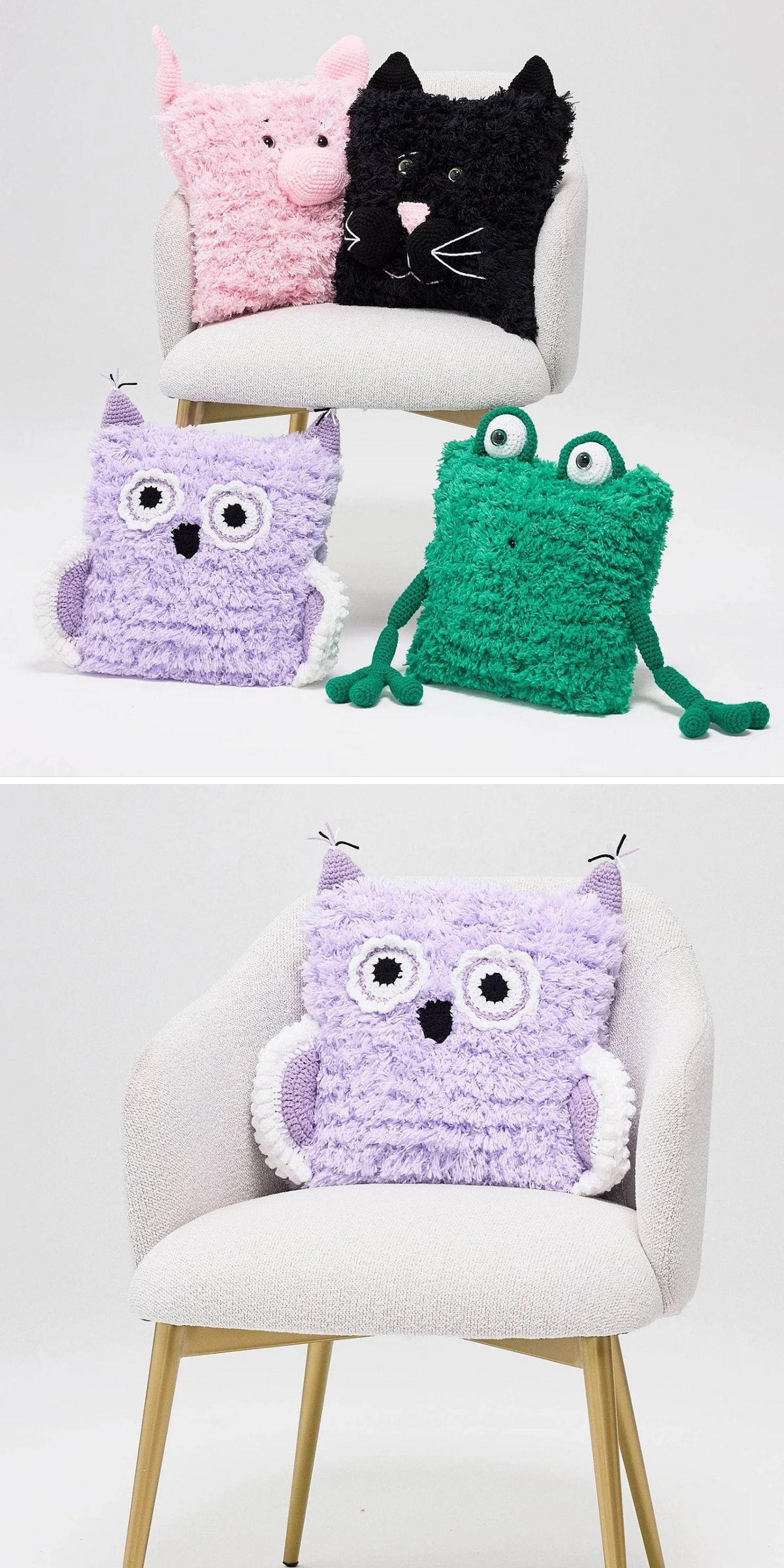 A white chair with plush animal pillows, including a crochet pillow shaped like a pink pig, black cat, purple owl, and green frog. In the second image, only the crochet purple owl pillow remains on the chair.