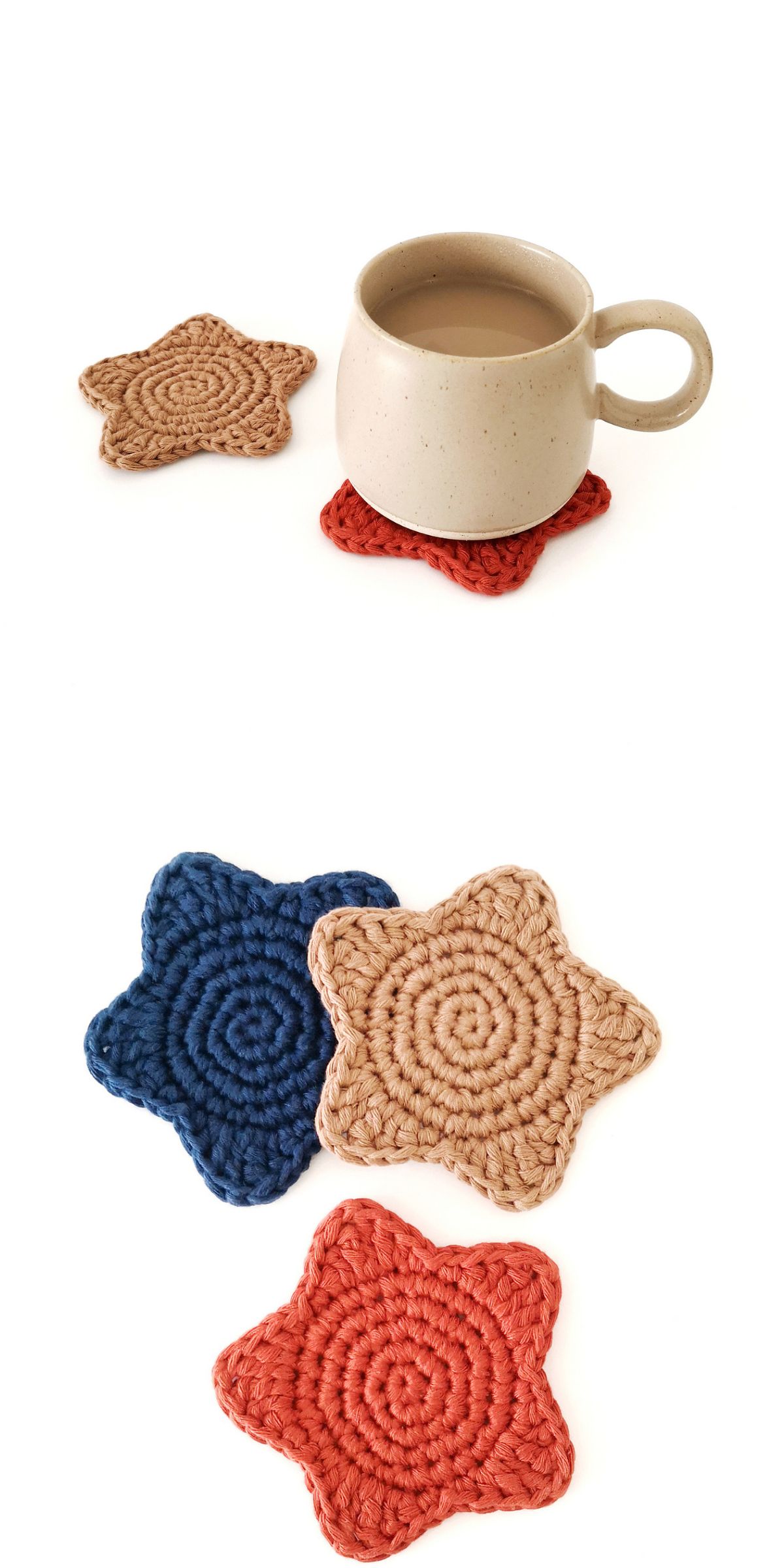 A beige ceramic mug rests on a crochet coaster shaped like a star, with three more star-shaped crochet coasters in blue, tan, and orange placed nearby.