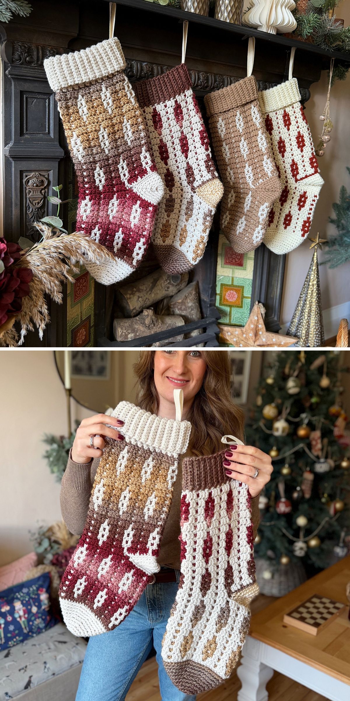 Four crochet Christmas stockings with geometric patterns hang from a fireplace mantel. A person displays two similar stockings in front of a decorated Christmas tree.