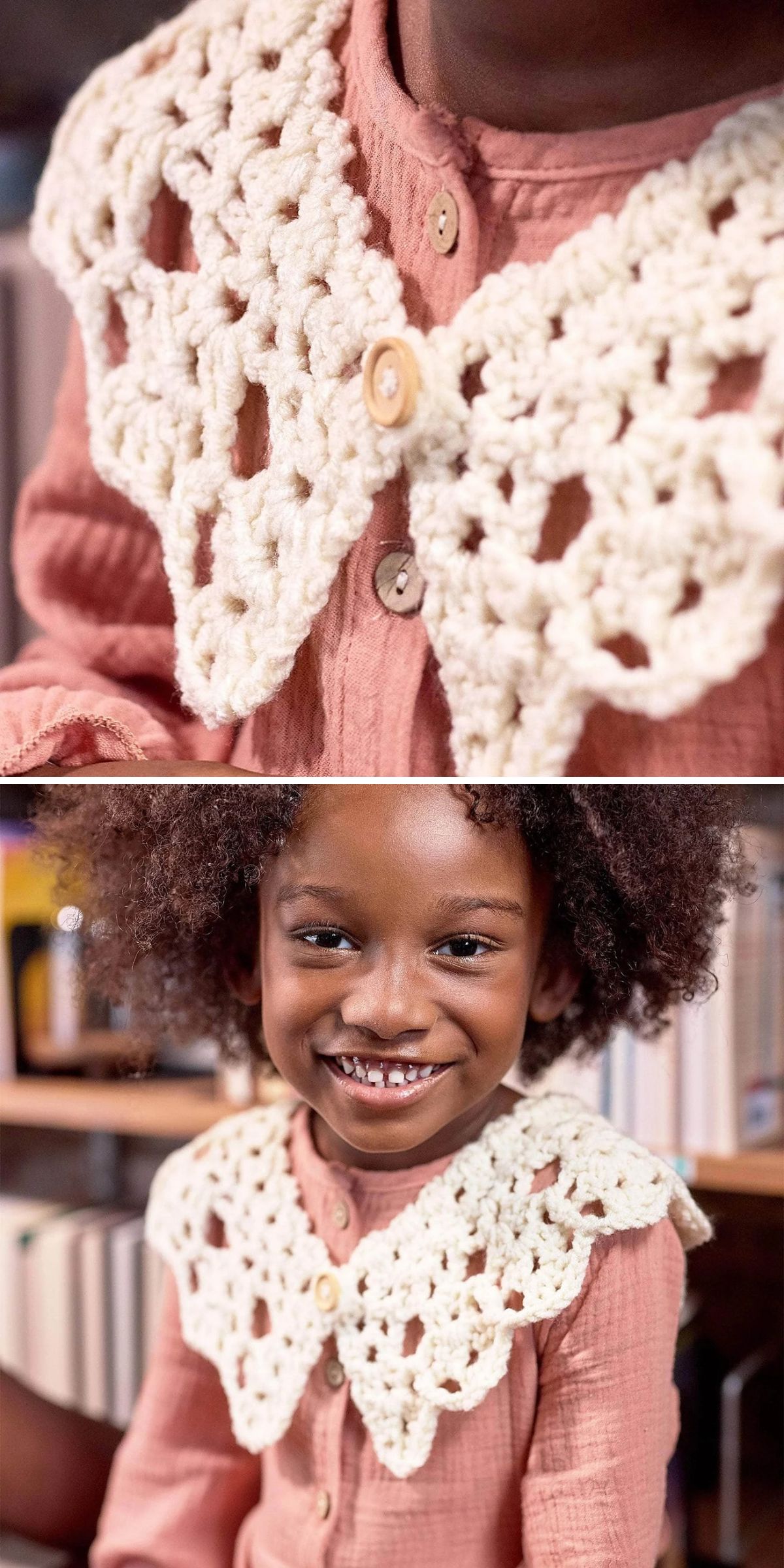 A child wearing a pink button-up shirt with a large, cream-colored crochet collar, smiling in the second image.