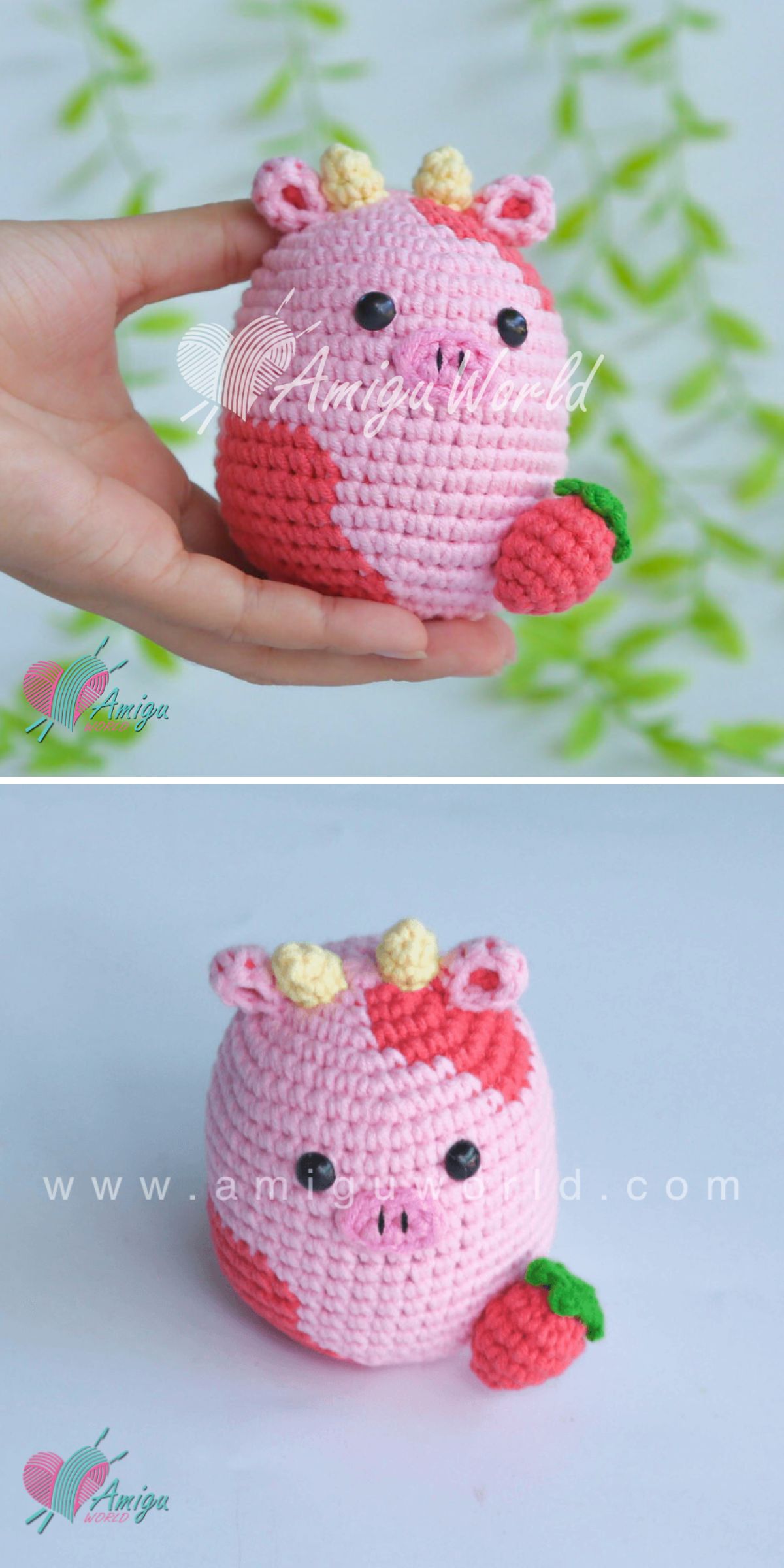 Two photos feature a crochet cow plush toy — pink, chubby, with yellow horns, black eyes, and a green leaf accessory. One image displays the cute crochet cow being held in a hand.