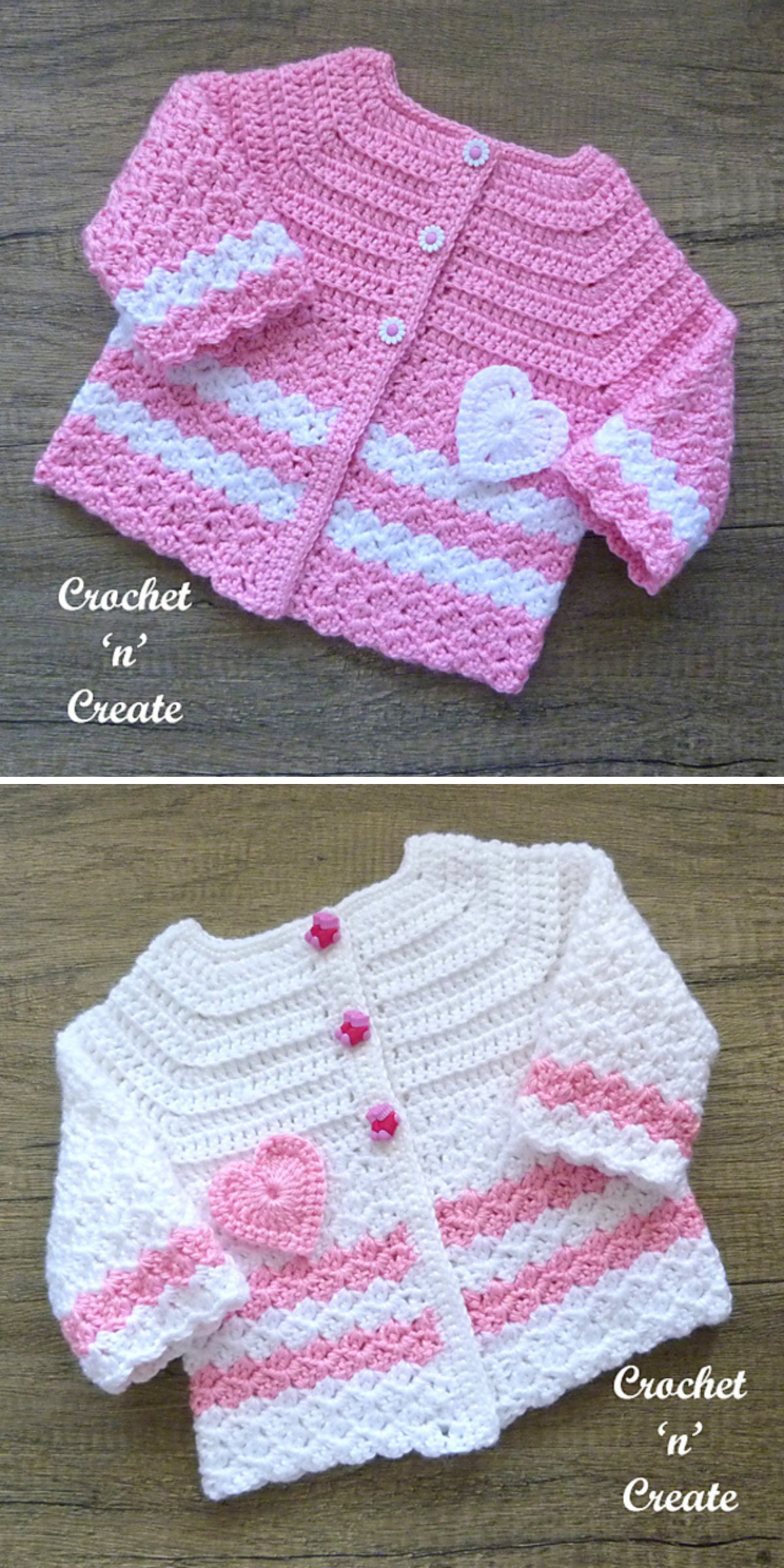Two Crochet Baby jackets, one pink with white details and heart, the other white with pink details and heart; both are displayed flat with their buttoned backs visible.