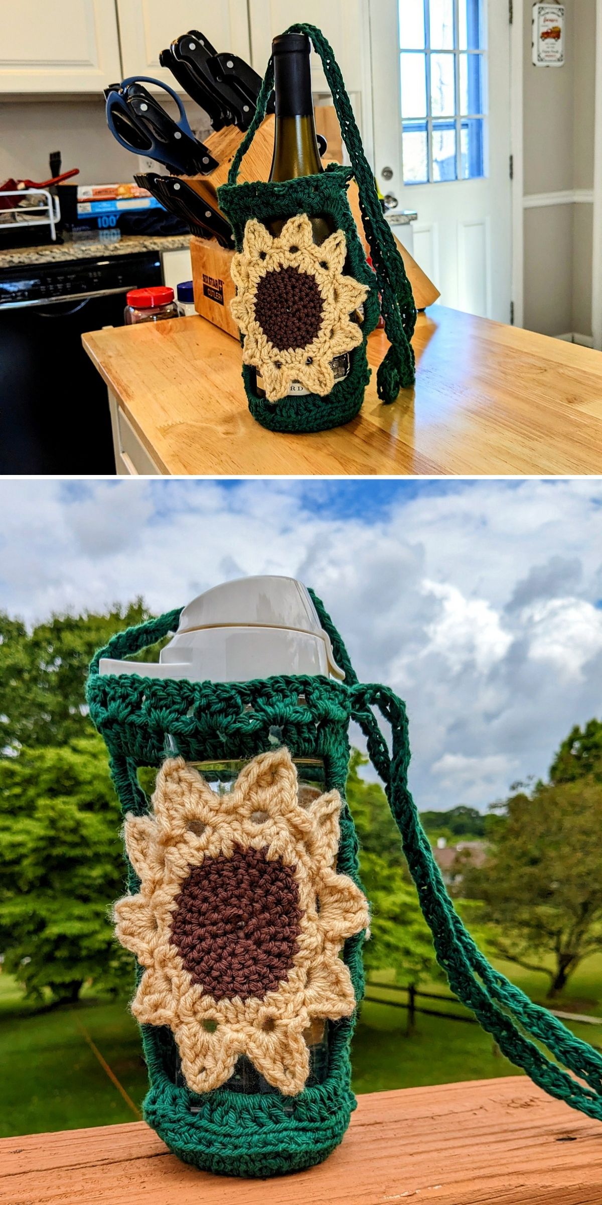 Two images show a crochet bottle holder in green with a sunflower design. The first image has a wine bottle inside; the second features a water bottle, both displayed on different backgrounds.