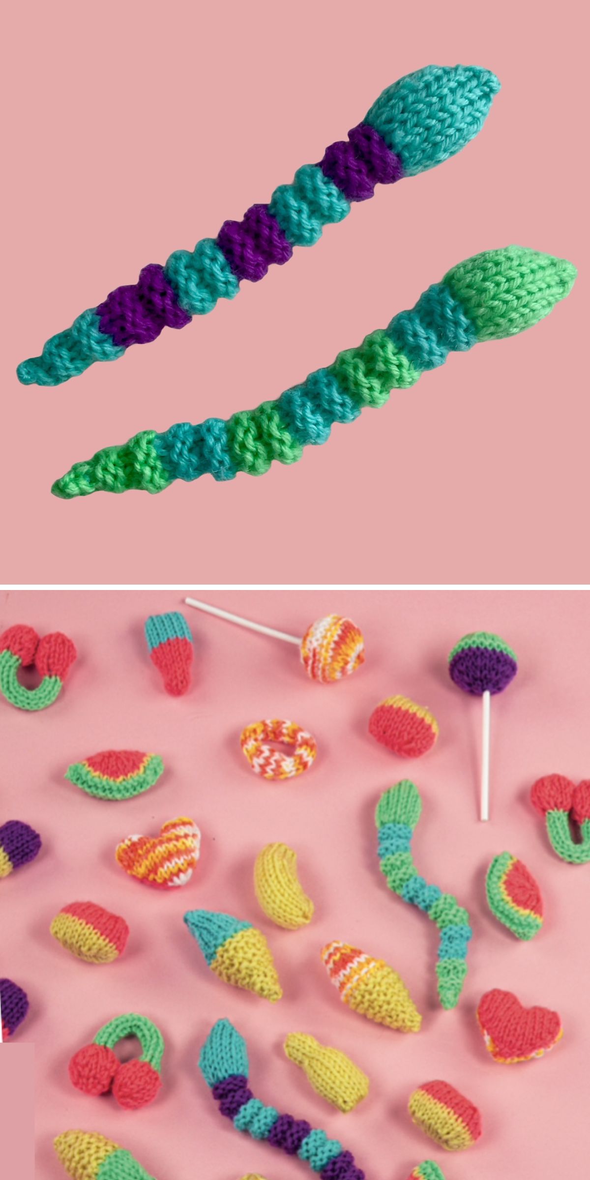 the top photo: cute knitted worms; the bottom photo: versatile knitted sweets, including gummy worms, lollypops, and other kinds of candies