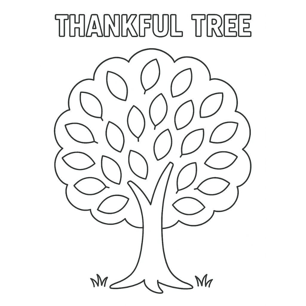 Black and white outline of a tree with many leaves labeled "Thankful Tree" at the top, perfect for Thanksgiving coloring pages. Kids can color or write on the leaves—ideal for free printable coloring pages activities.