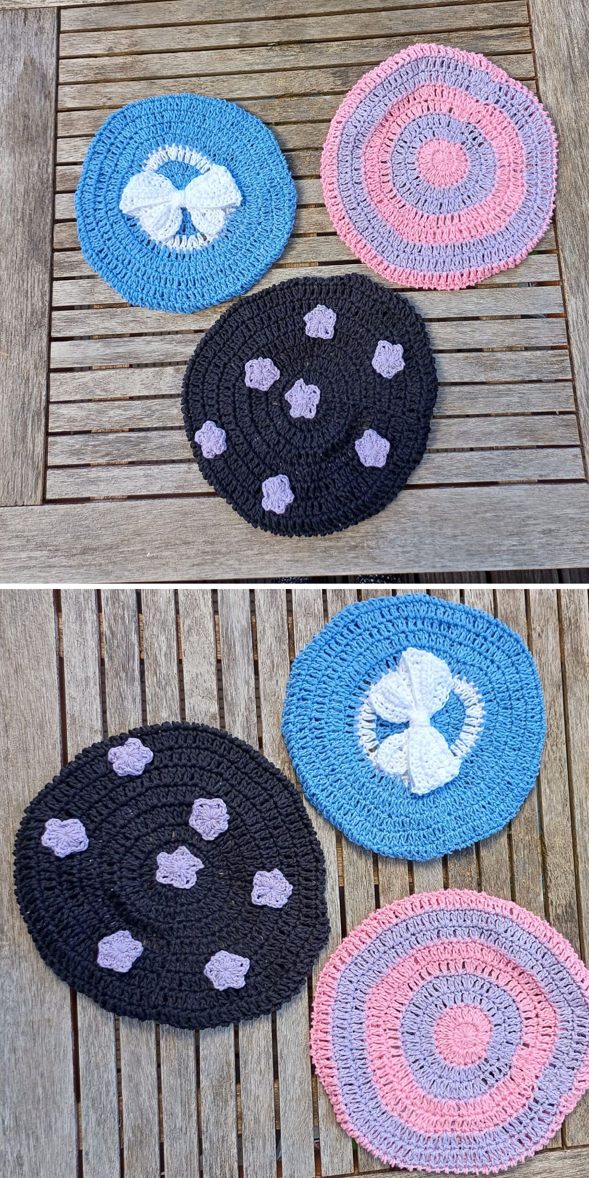 Four round crocheted berets, feature unique designs in blue, pink, black, white, and purple displayed on a wooden surface.