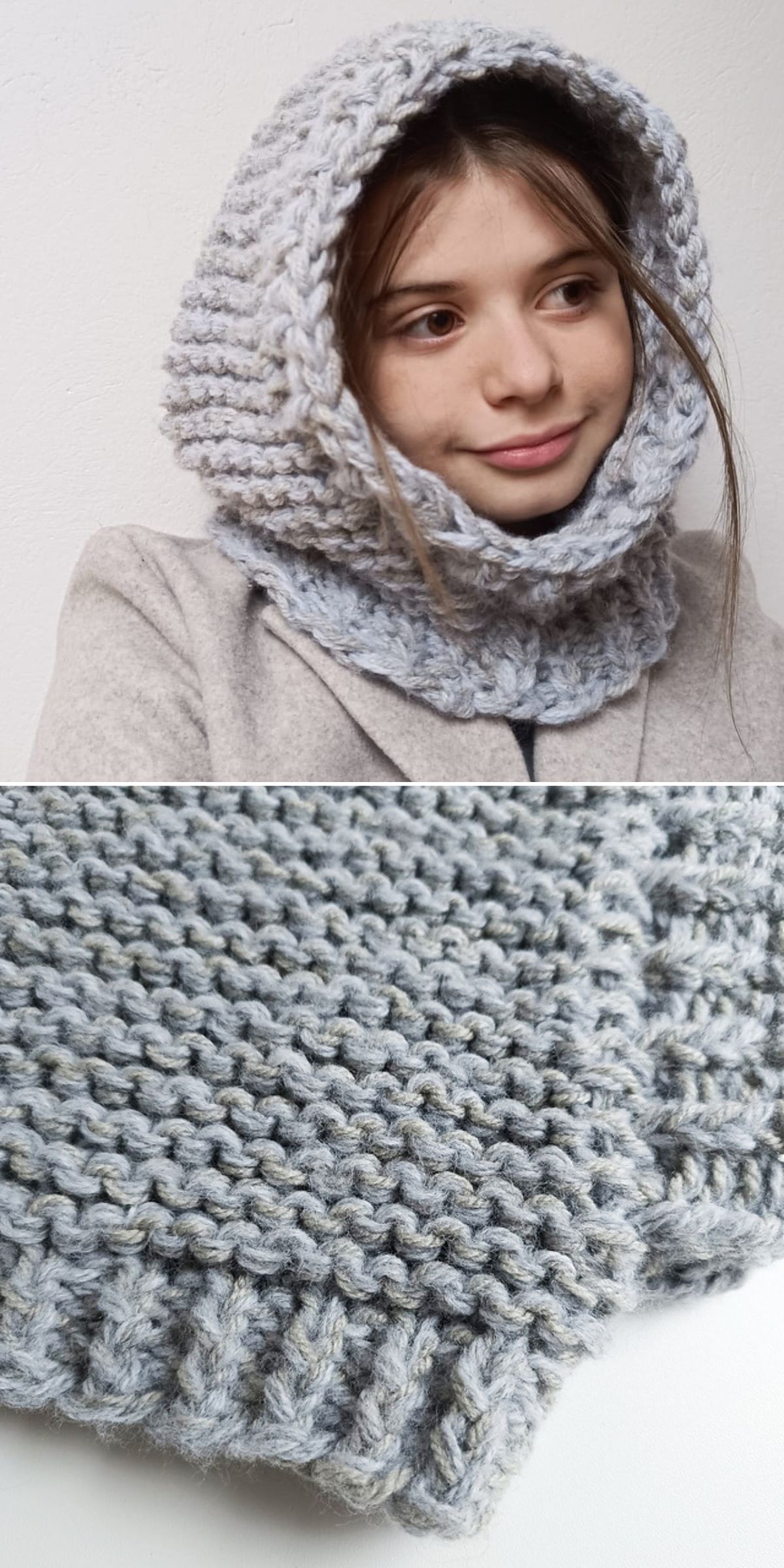 A person wears a chunky knitted hood scarf in light grey; a close-up below highlights the textured knit pattern and yarn details.