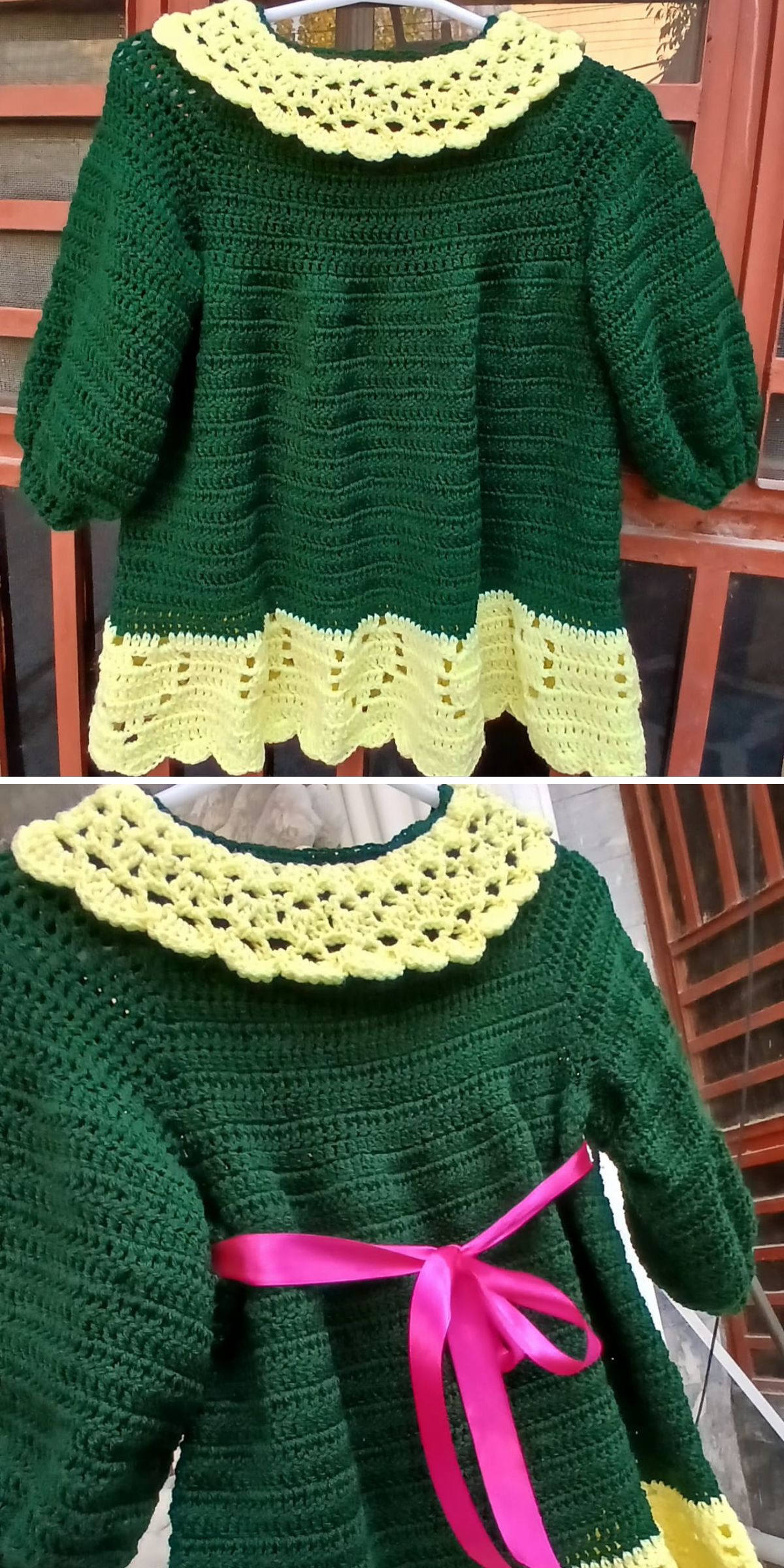 A handmade green crochet dress with yellow trim and a collar, featuring a pink satin ribbon tied at the back — perfect inspiration for your next baby dress free crochet pattern, displayed beautifully on a hanger.