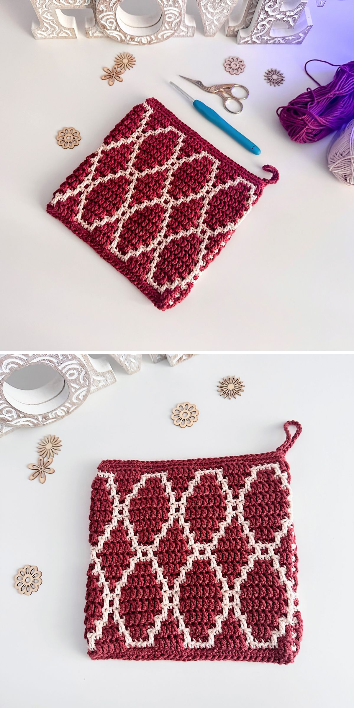 a thick crochet mosaic potholder with white diamonds on a burgundy background