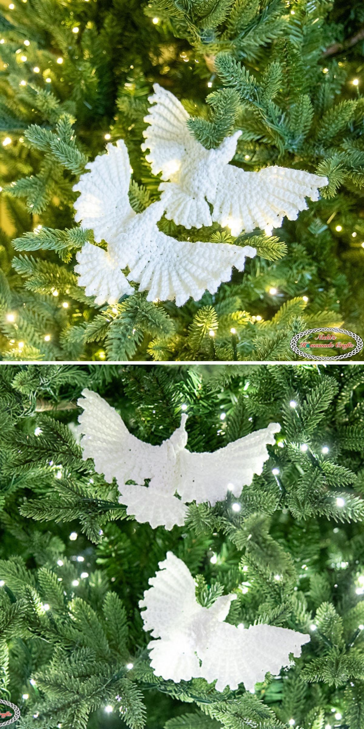 Two white crochet bird-shaped ornaments with textured wings, resembling delicate doves, hang on a Christmas tree adorned with green branches and white lights.
