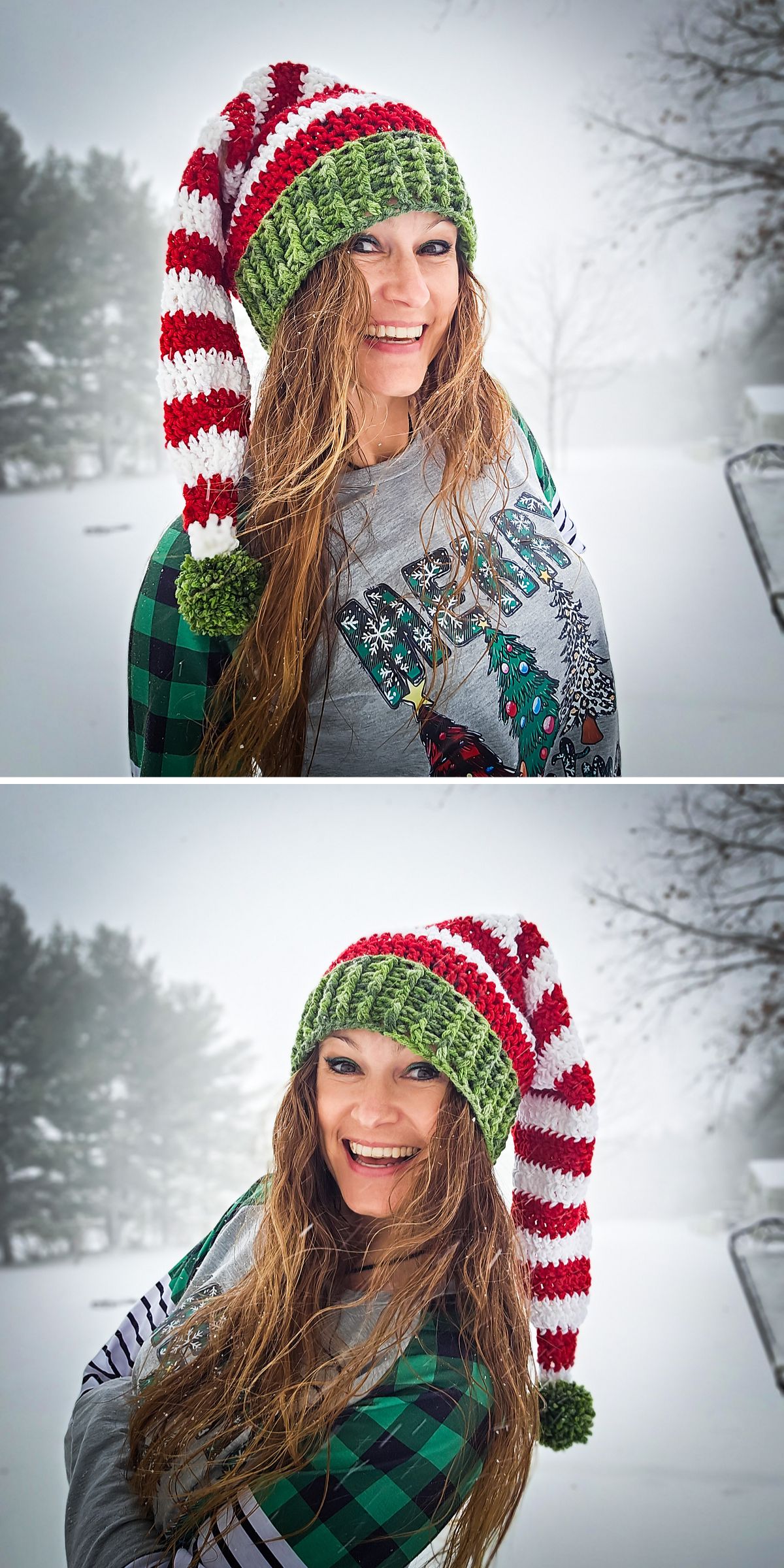A woman with wet hair, wearing a red, white, and green striped crochet Christmas hat and a holiday-themed shirt, smiles outdoors in a snowy, overcast setting.