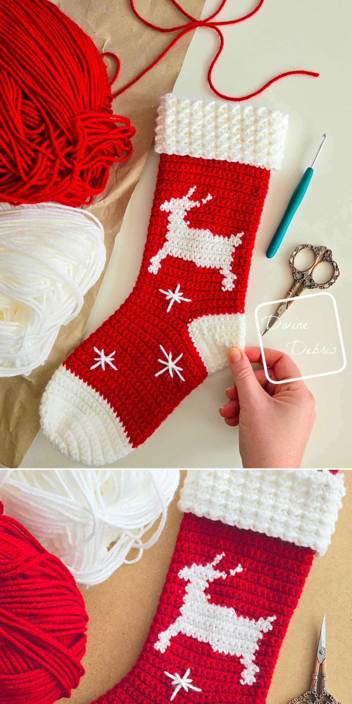 A red and white crocheted Christmas stocking with a reindeer and snowflake design lies next to yarn, scissors, and a crochet hook — perfect inspiration for making your own Crochet Christmas Stockings.