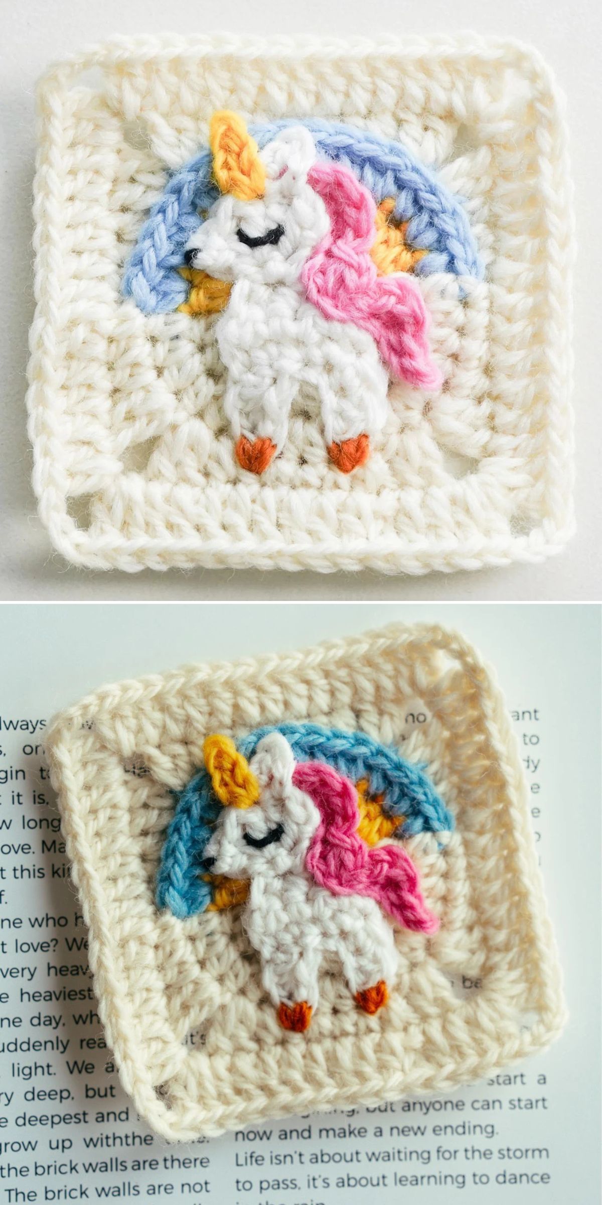 A crocheted square featuring a white unicorn applique with a pink mane, yellow horn, and blue background.