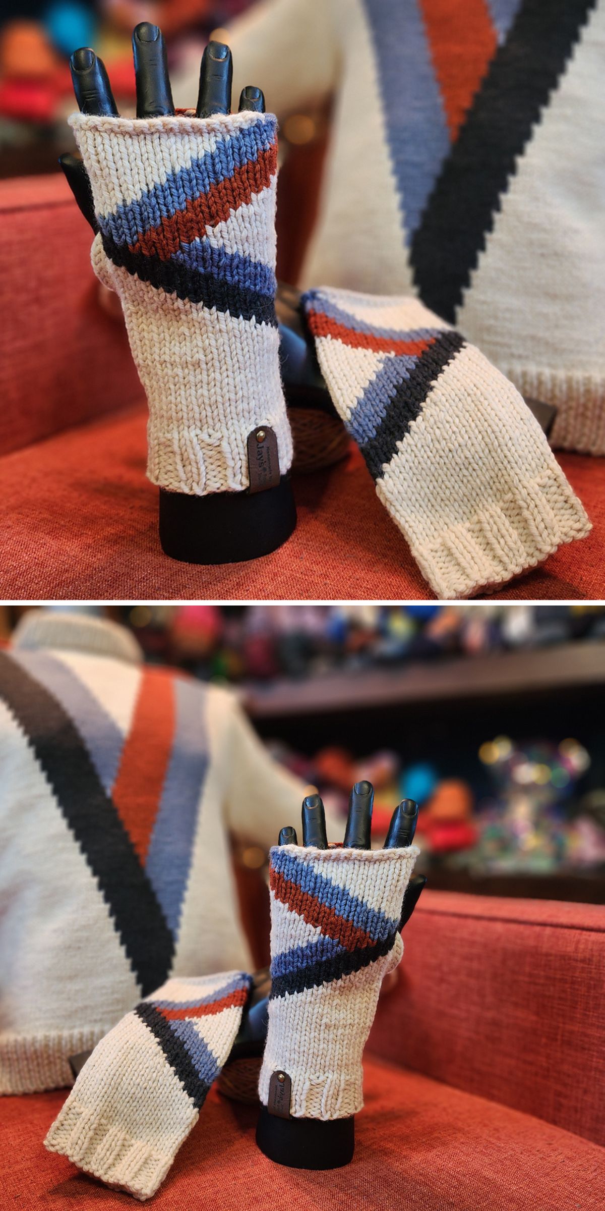 knitted fingerless gloves with geometric design