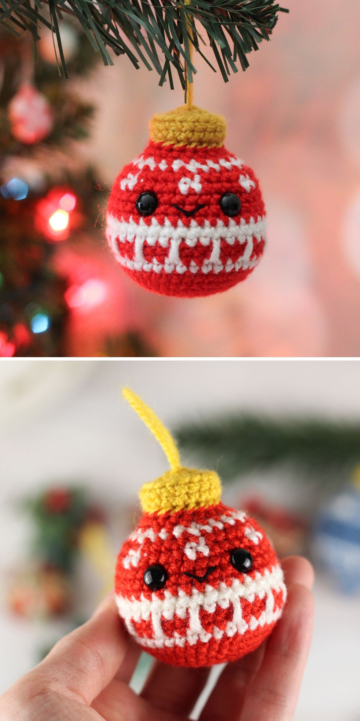 A hand holds a red and white crochet ornament with a yellow top and two black button eyes, shown both on a tree alongside a delicate snowflake and in hand.