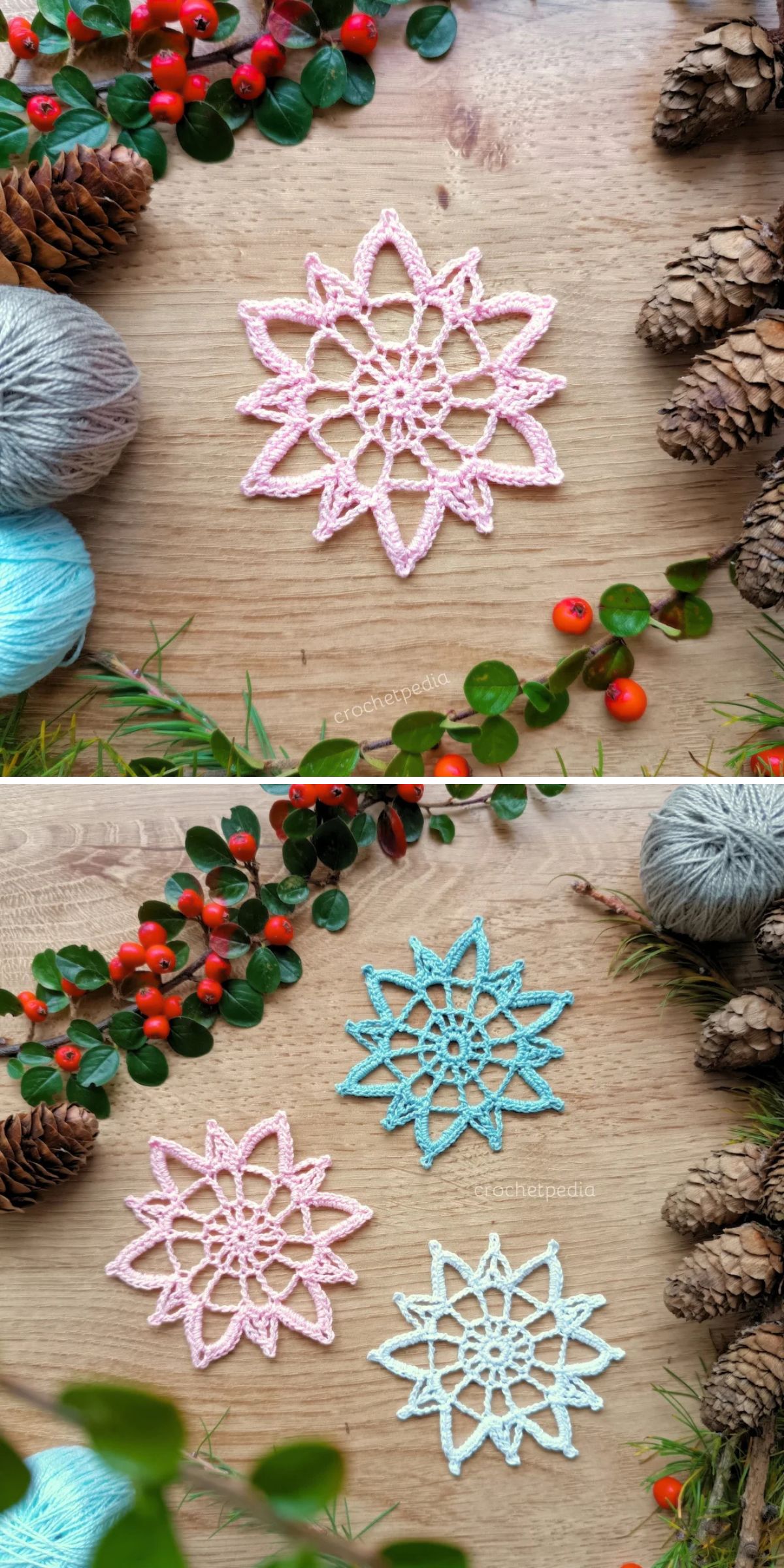 Two photos show handmade crochet Christmas tree ornaments in pink and blue, featuring delicate snowflake patterns, on a wooden surface surrounded by pinecones, yarn, and sprigs of greenery with red berries — perfect for a Christmas touch.