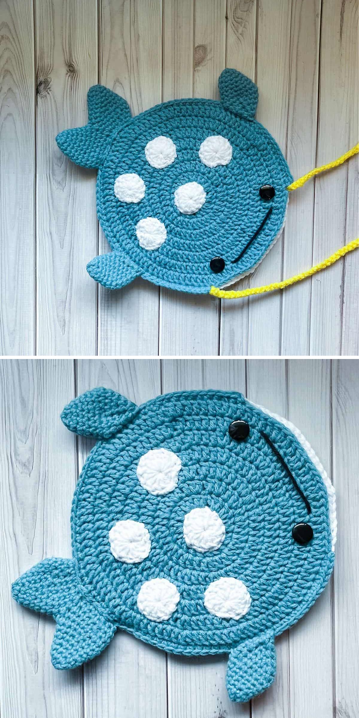 Two images of a crocheted blue stingray with white spots, black eyes, and a yellow tail — perfect as a playful crochet bag for kids—shown on a light wooden surface.