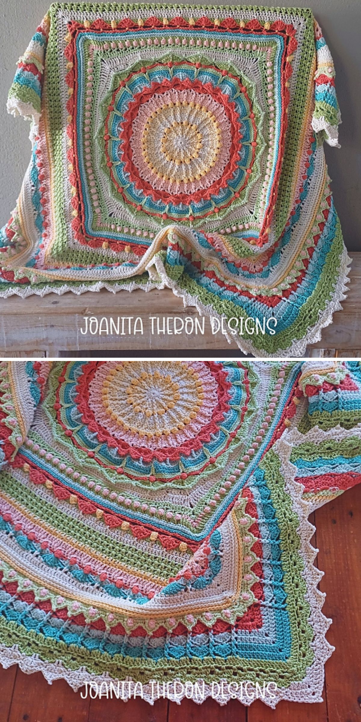 A colorful, intricately patterned bobble stitch blanket with geometric and floral motifs is draped over a surface. The design features multiple colors and textured stitches.