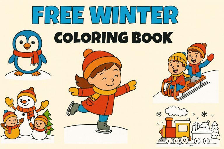 Illustrated cover with a penguin, ice-skating girl, snowman, sledding children, and a train, inviting kids to enjoy free winter coloring pages in this delightful winter coloring book.